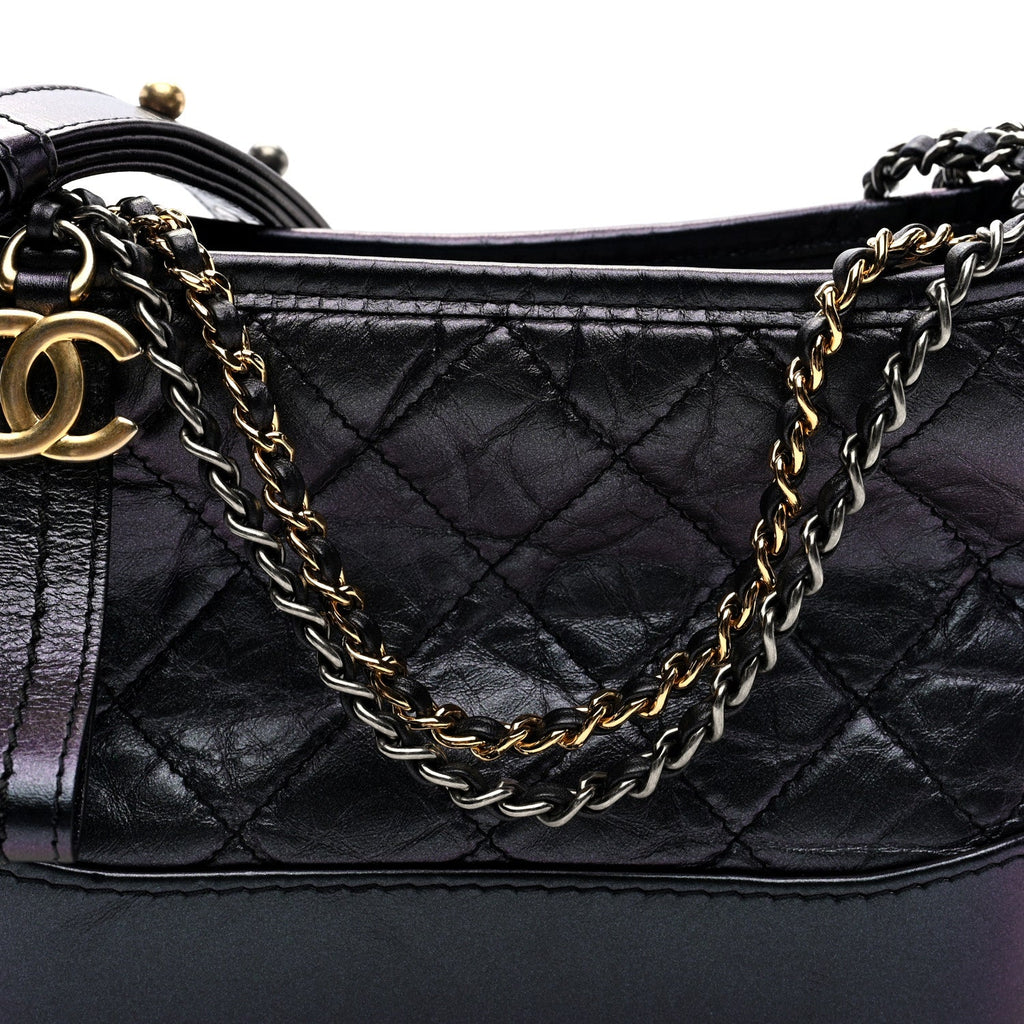 Iridescent Aged Calfskin Quilted Small Gabrielle Hobo Black