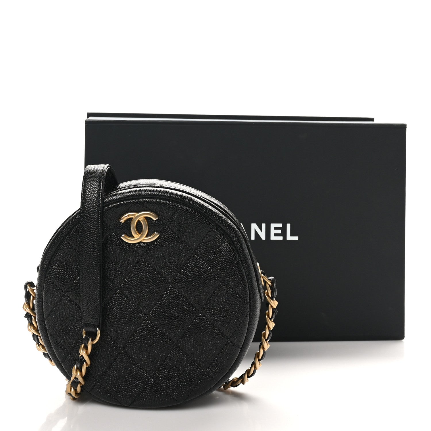 Caviar Quilted Small Round Bag With Chain Black