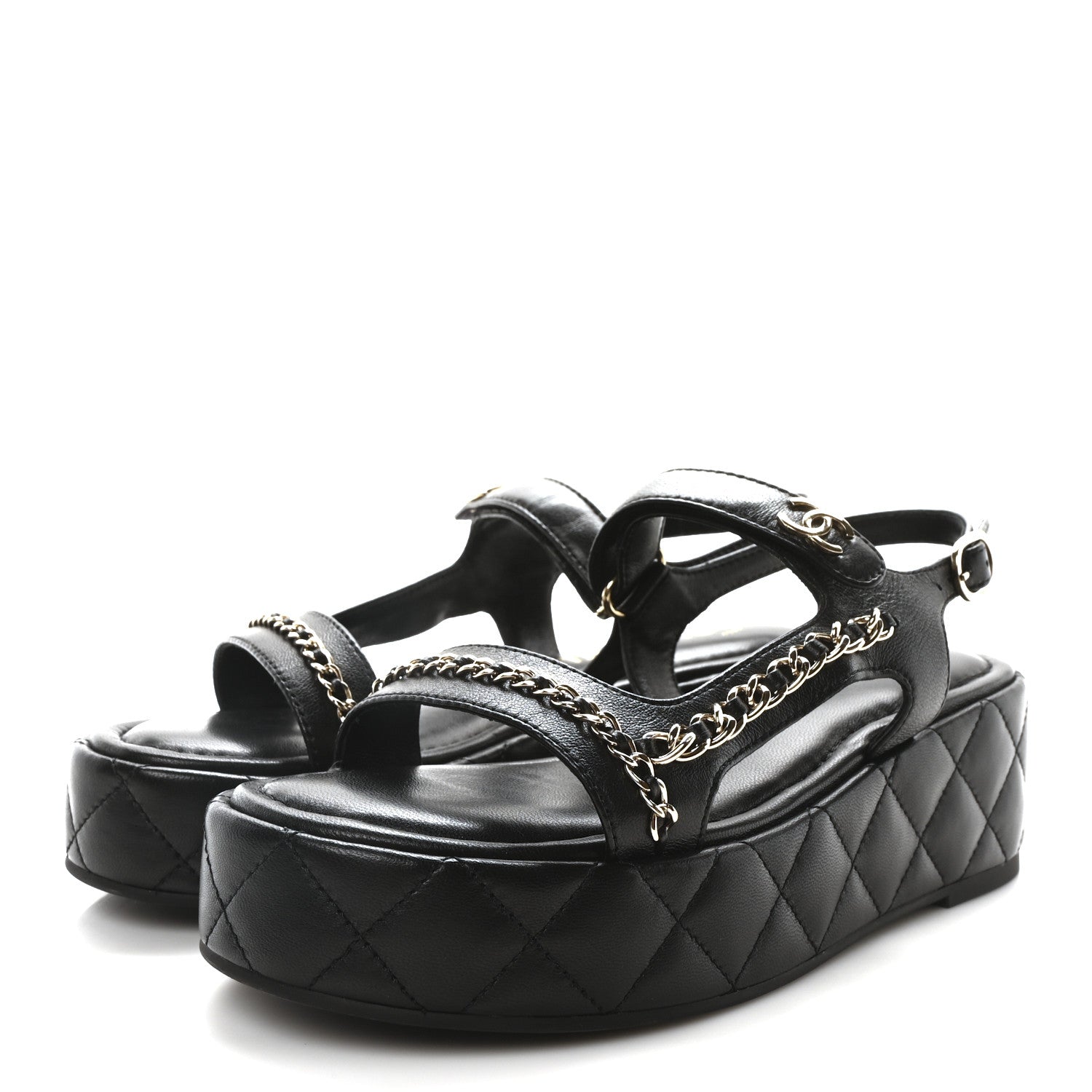 Lambskin Quilted Chain CC Platform Sandals 37.5 Black