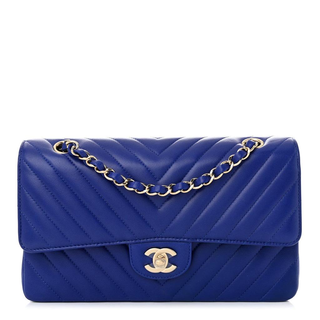 Lambskin Chevron Quilted Medium Double Flap Blue