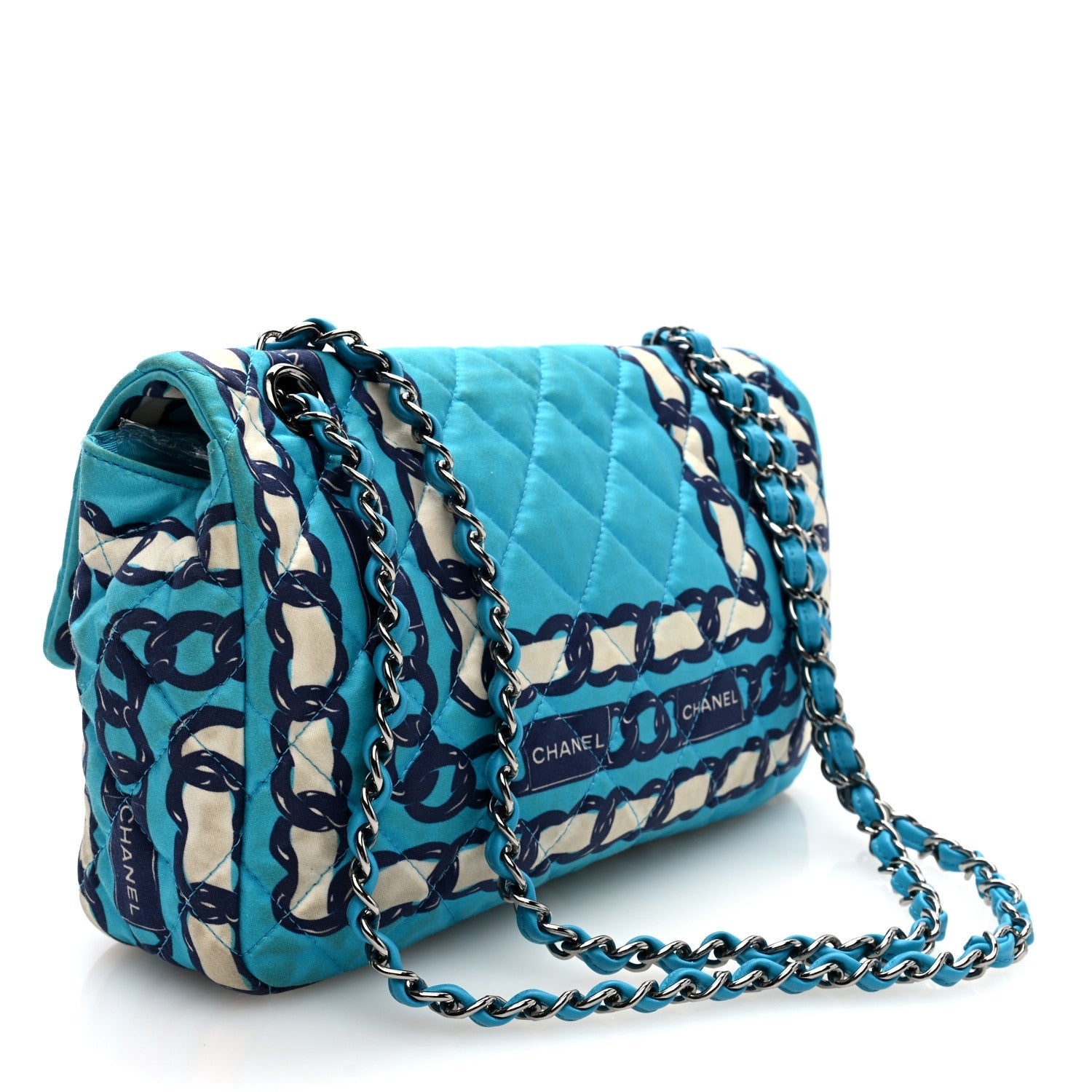 Silk Chain Printed Medium Single Flap Blue