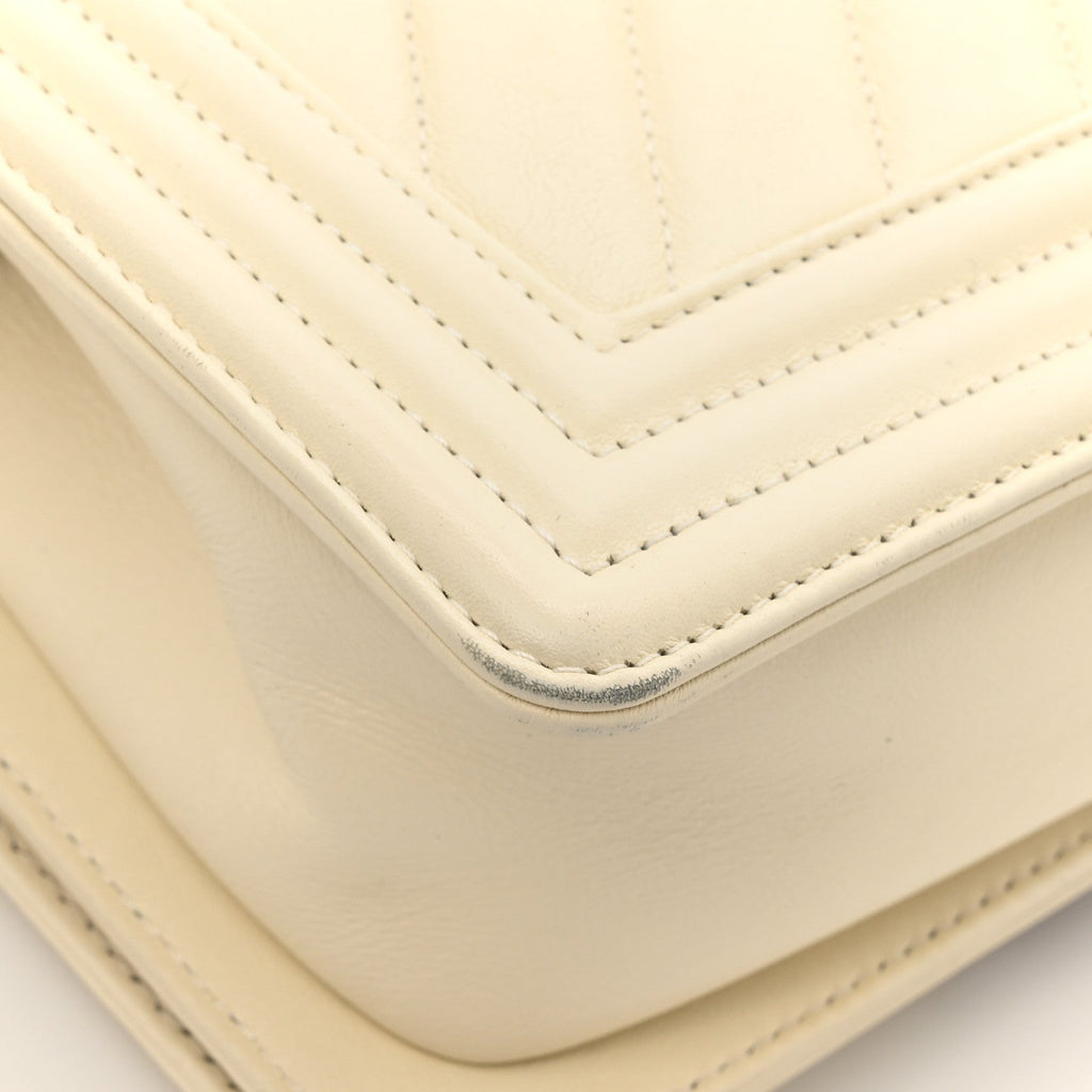 Calfskin Chevron Quilted Small Boy Flap White