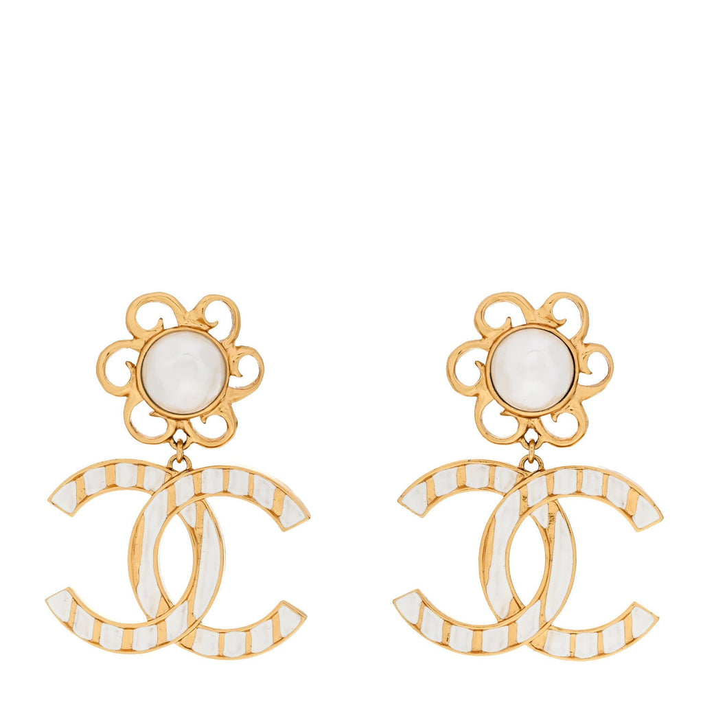 Metal Enamel Pearl CC Drop Earrings Gold White
