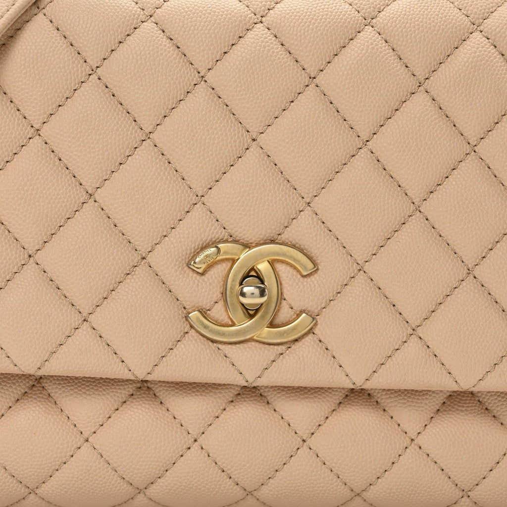 Caviar Quilted Small Coco Handle Flap Beige
