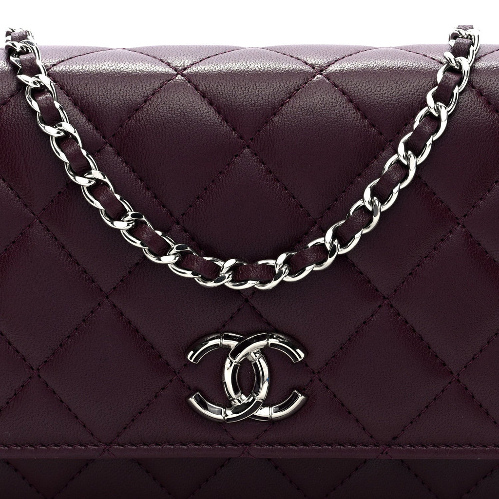 Lambskin Quilted Enamel CC Wallet On Chain WOC Burgundy