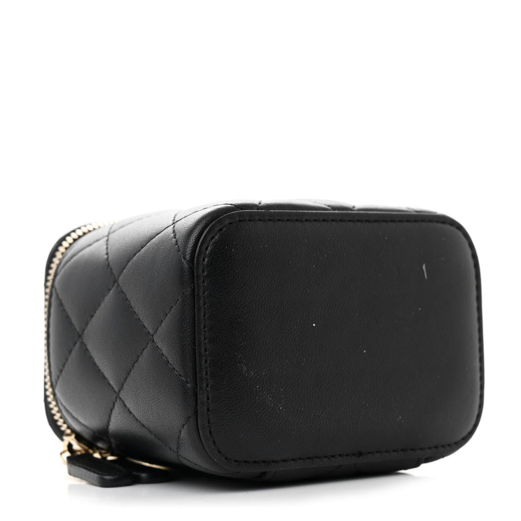 Lambskin Quilted Mini Vanity Case With Pearl Chain Black