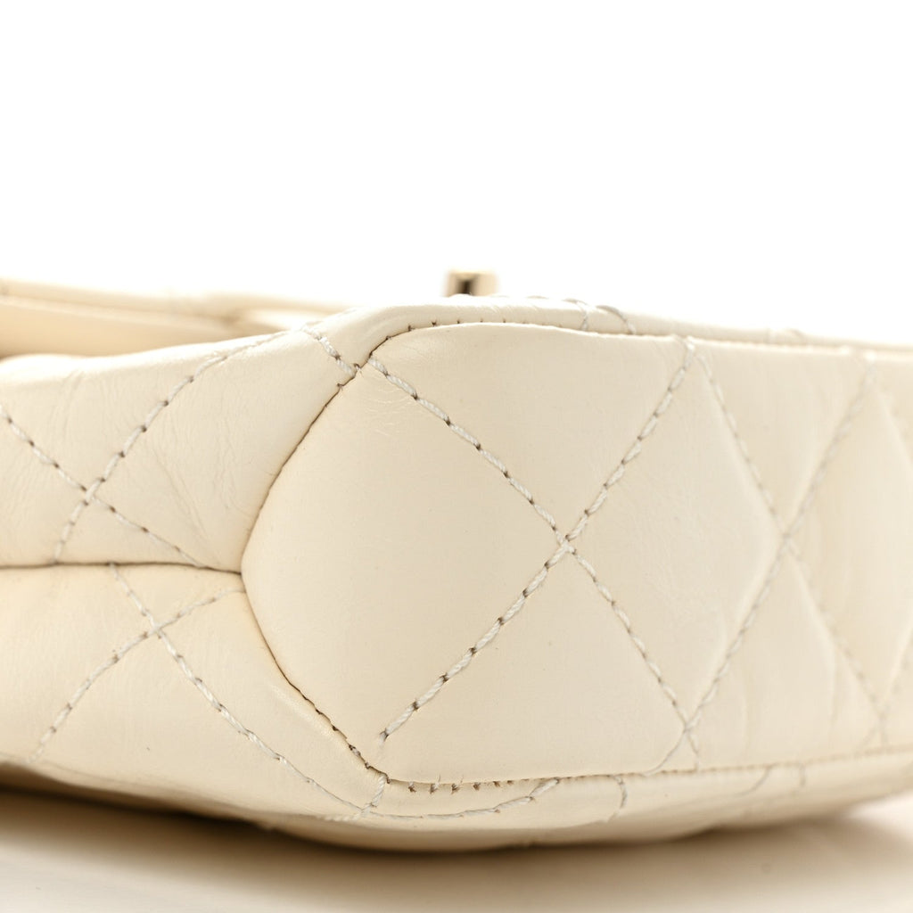Shiny Crumpled Calfskin Quilted Top Handle Flap White