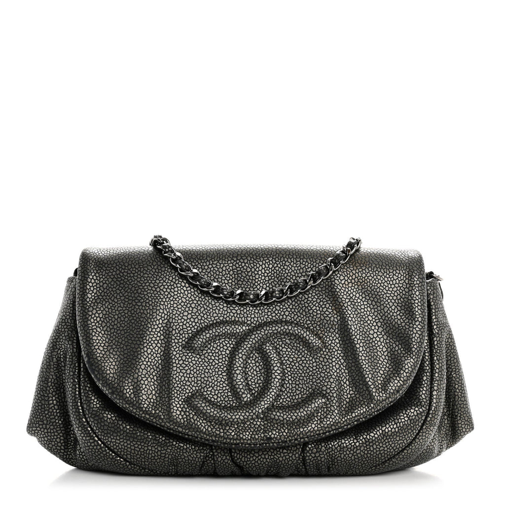 Metallic Caviar Half Moon Wallet On Chain WOC Dark Silver