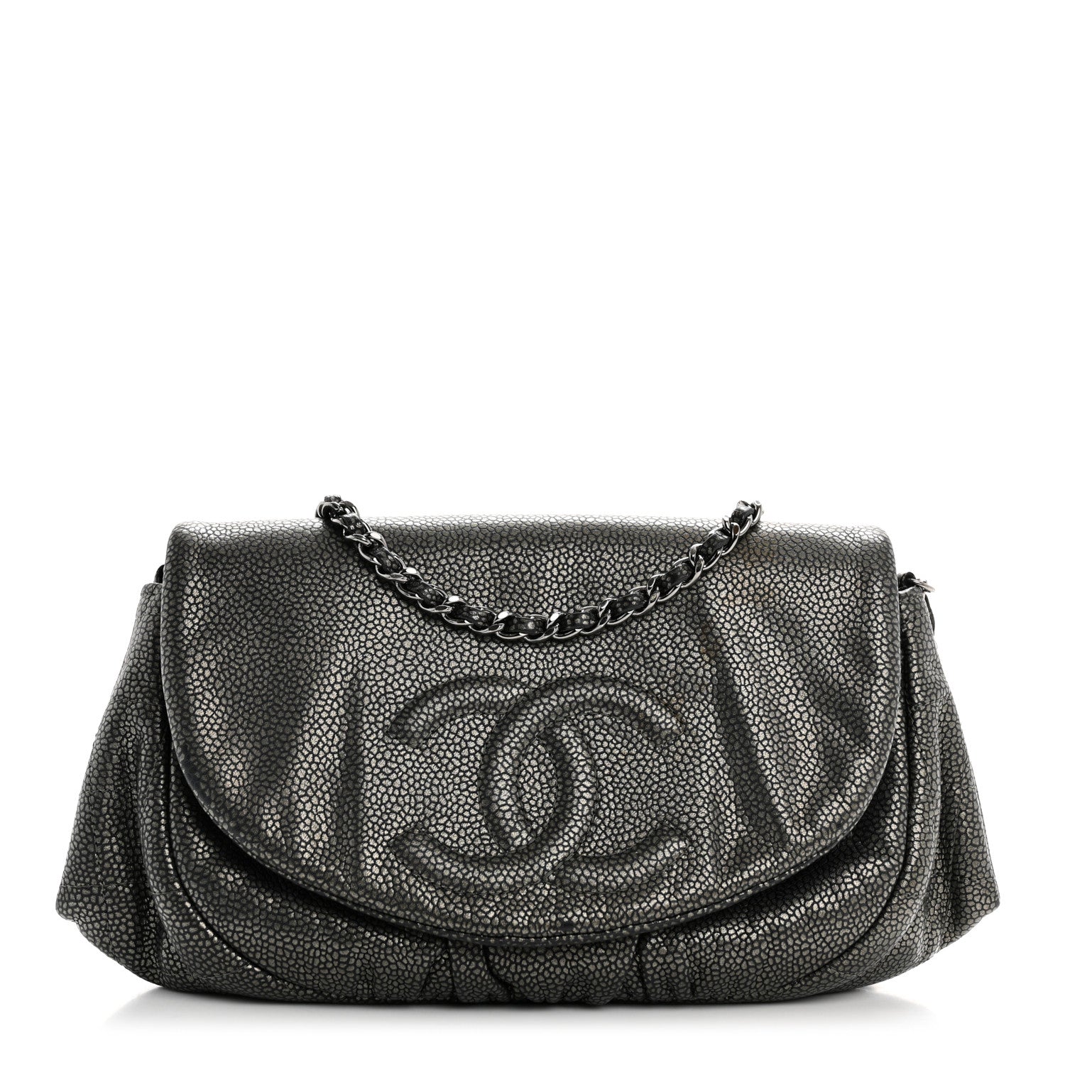 Metallic Caviar Half Moon Wallet On Chain WOC Dark Silver
