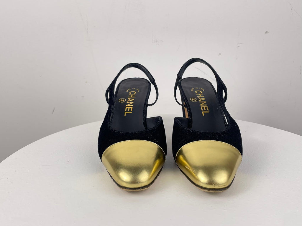 Chanel Tweed Black Gold Slingback Pumps with CC Logo 36