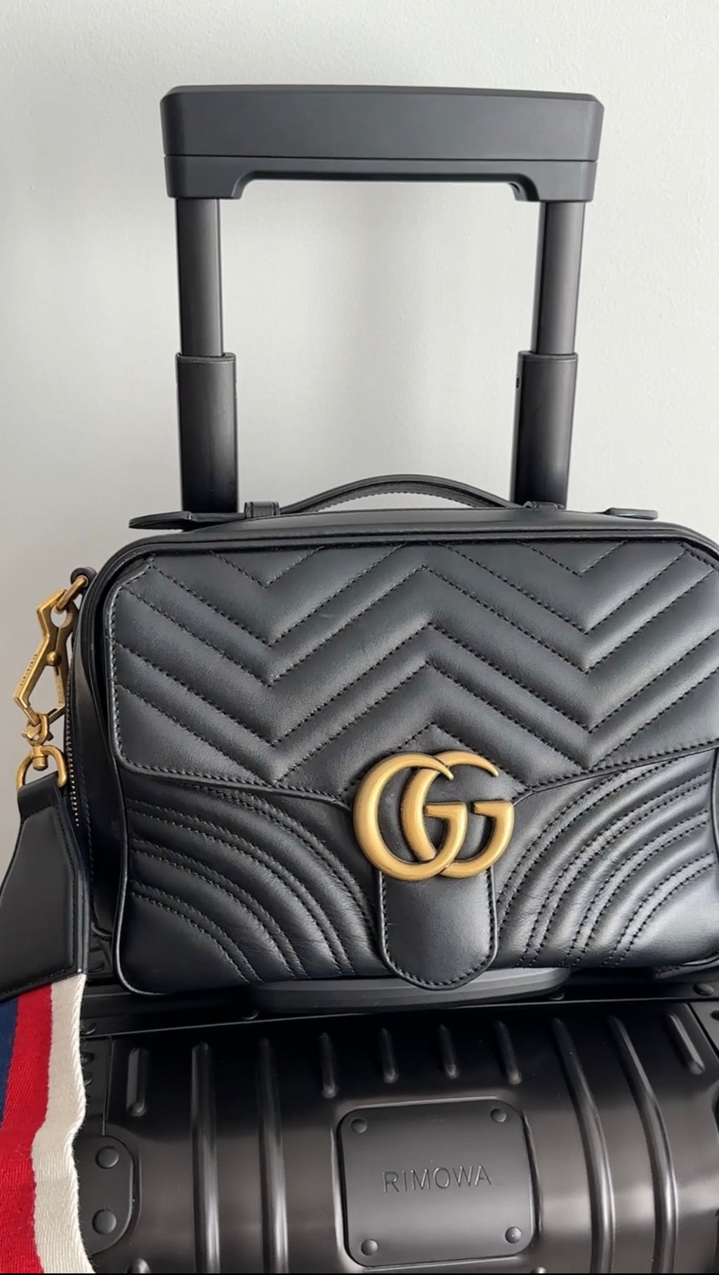 Gucci Black Quilted Leather Marmont Sylvie Web Strap Top Handle Bag