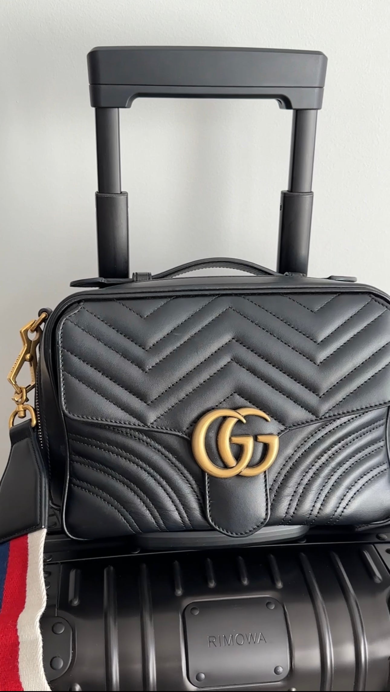 Gucci Black Quilted Leather Marmont Sylvie Web Strap Top Handle Bag