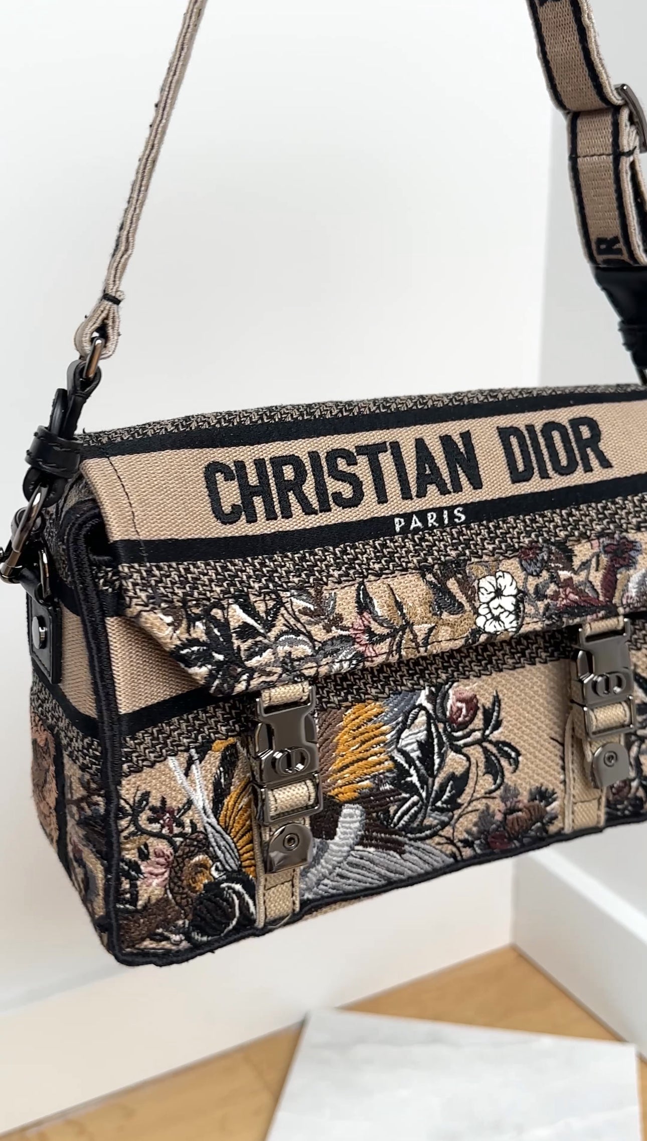 Dior Diorcamp Beige Floral Embroidered Logo Crossbody Messenger Bag