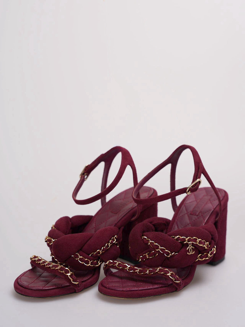Chanel Suede Chain Braided Sandals 38C in Burgundy
