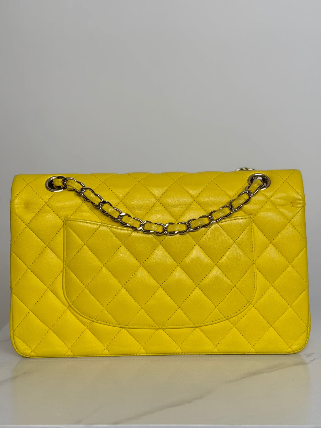 Chanel Yellow Classic Double Flap Bag Medium in Lambskin Leather with Silver Hardware