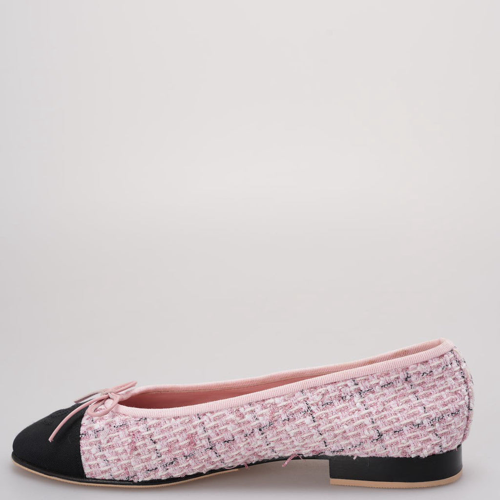 Chanel Pink Tweed Ballerina Flats with Black Cap Toe Size 37.5