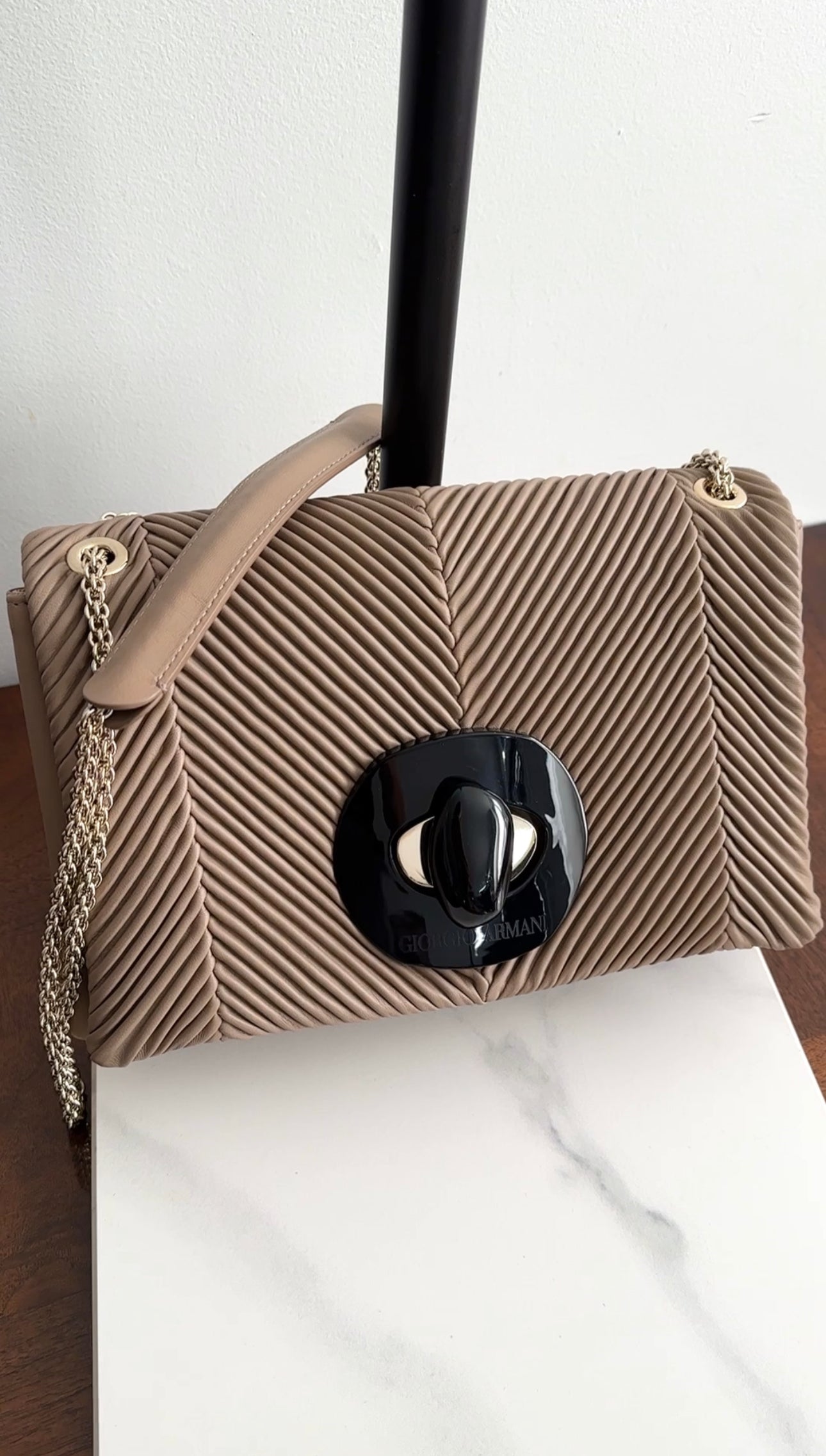 Giorgio Armani Taupe Brown Pleated Leather Chain Bag