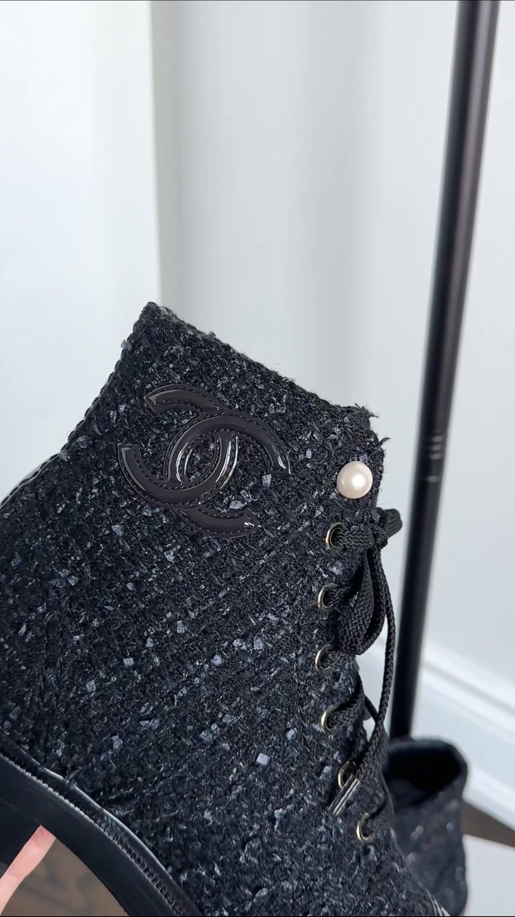 Chanel Black Tweed CC Pearl Cap Toe Lace Up Ankle Boots - 40C