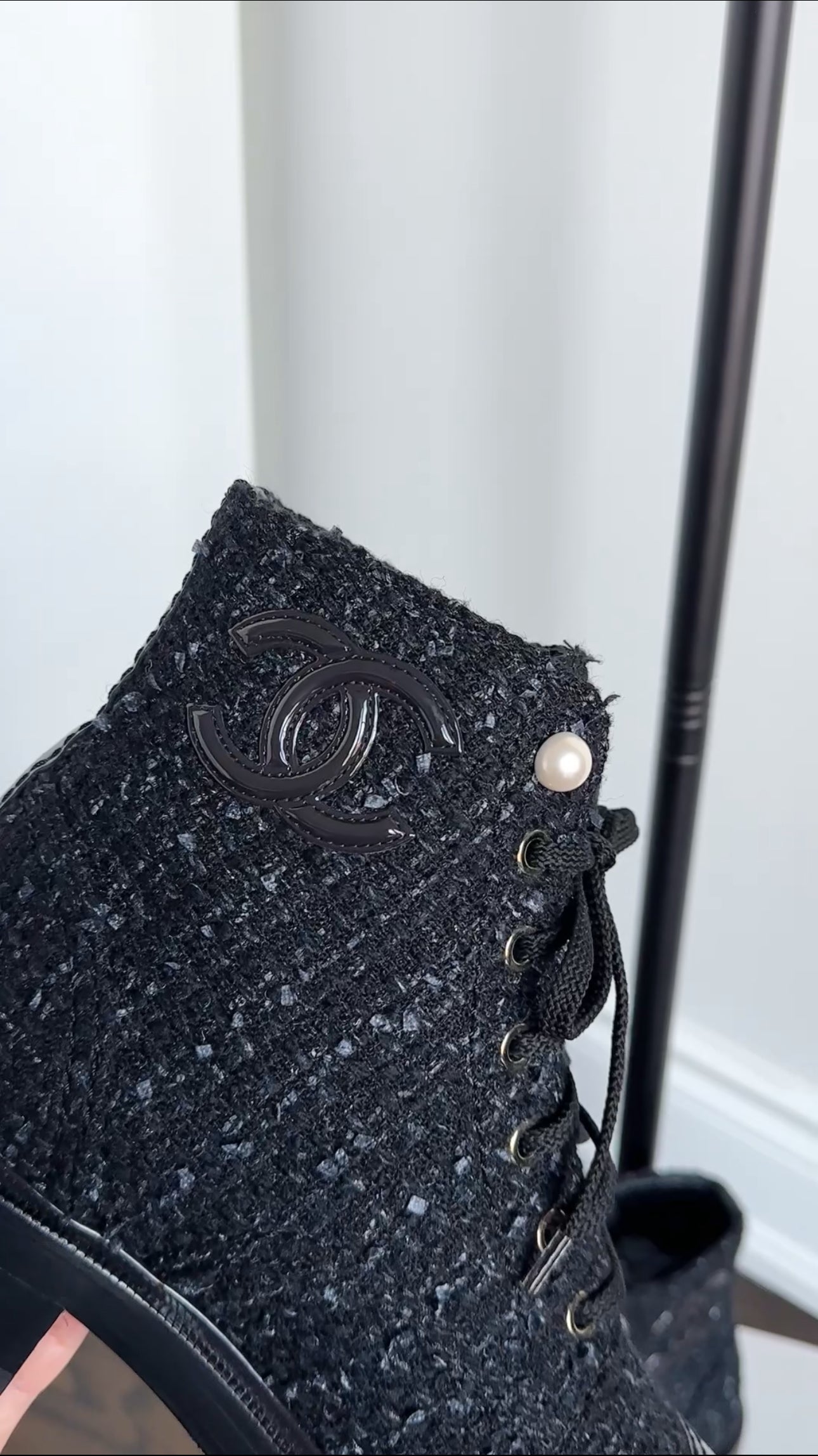 Chanel Black Tweed CC Pearl Cap Toe Lace Up Ankle Boots - 40C