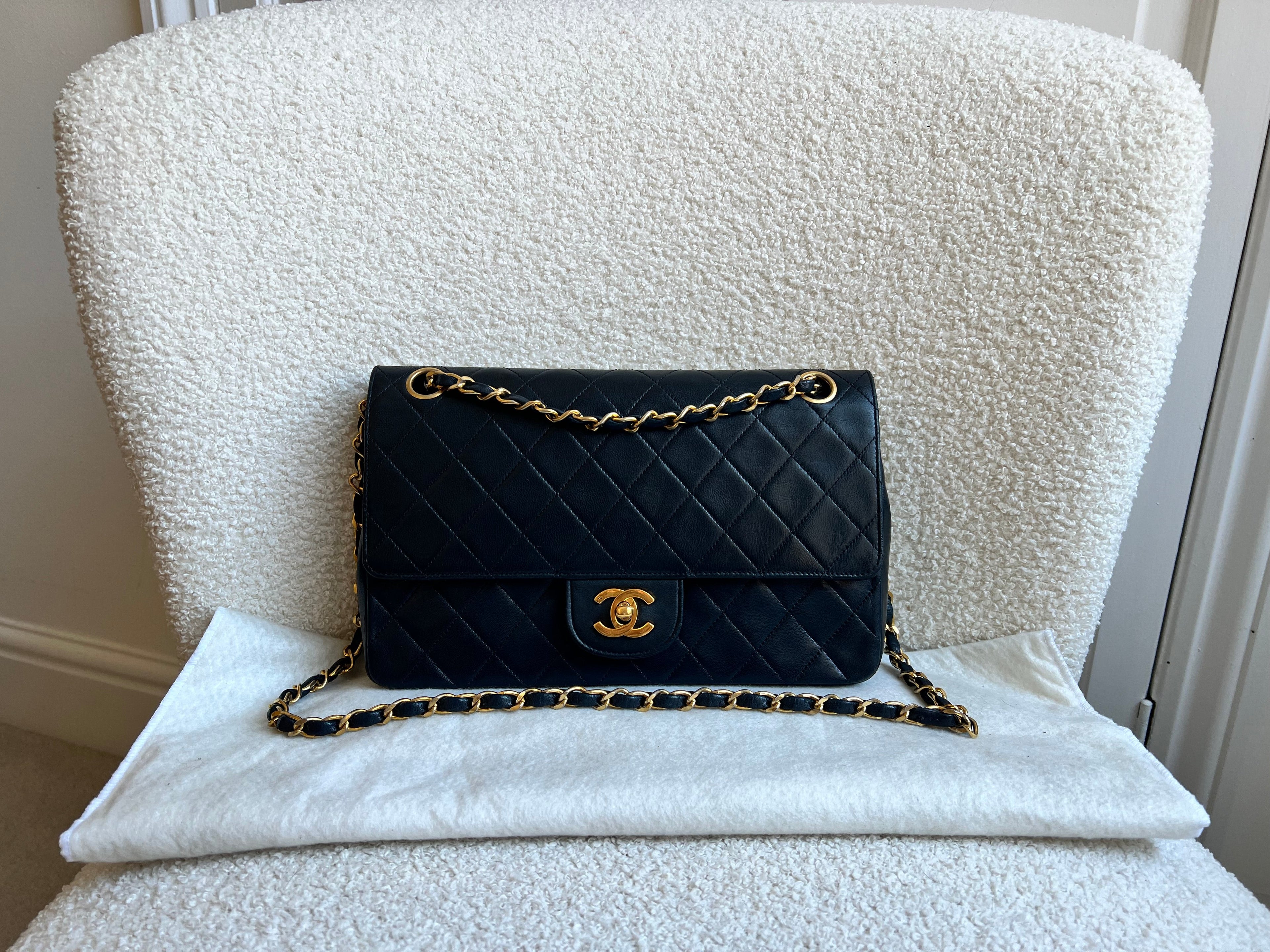 Chanel Vintage Quilted Straight Double Flap in Black Lambskin with 24k Hardware