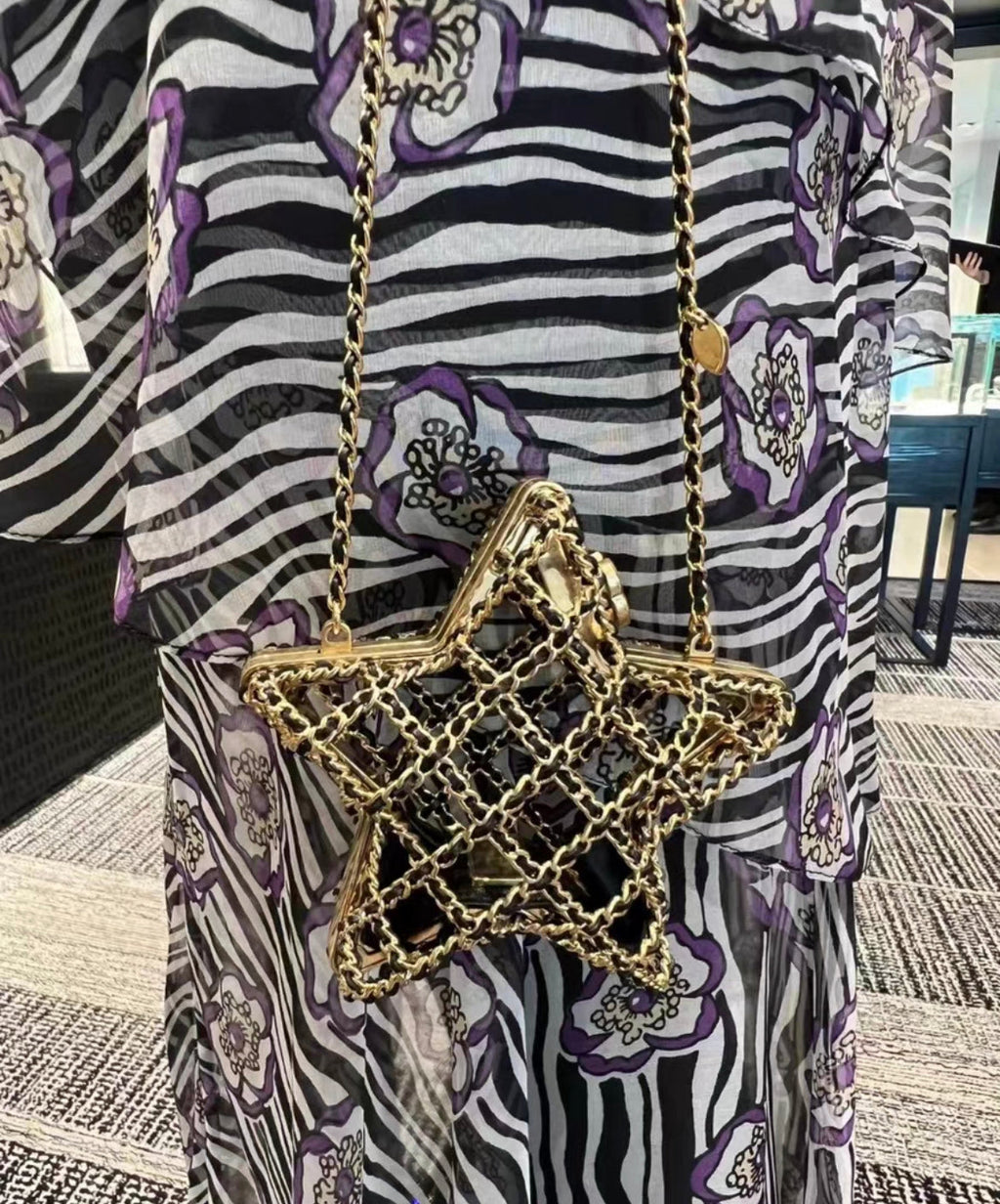 Chanel 23S Star Minaudière Gold-Tone Metal & Lambskin - Braided Chain cage/mapy