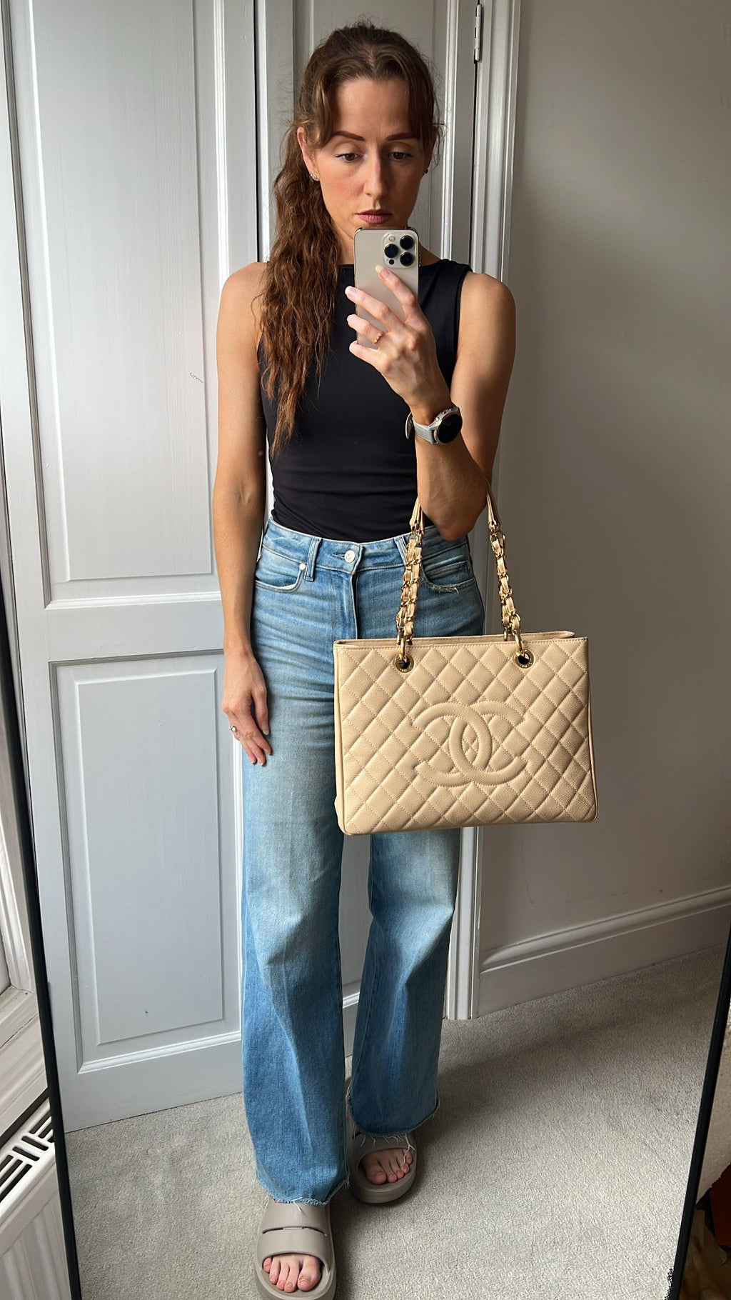 Chanel Beige Caviar Grand Shopper Tote gold hardware (GST)