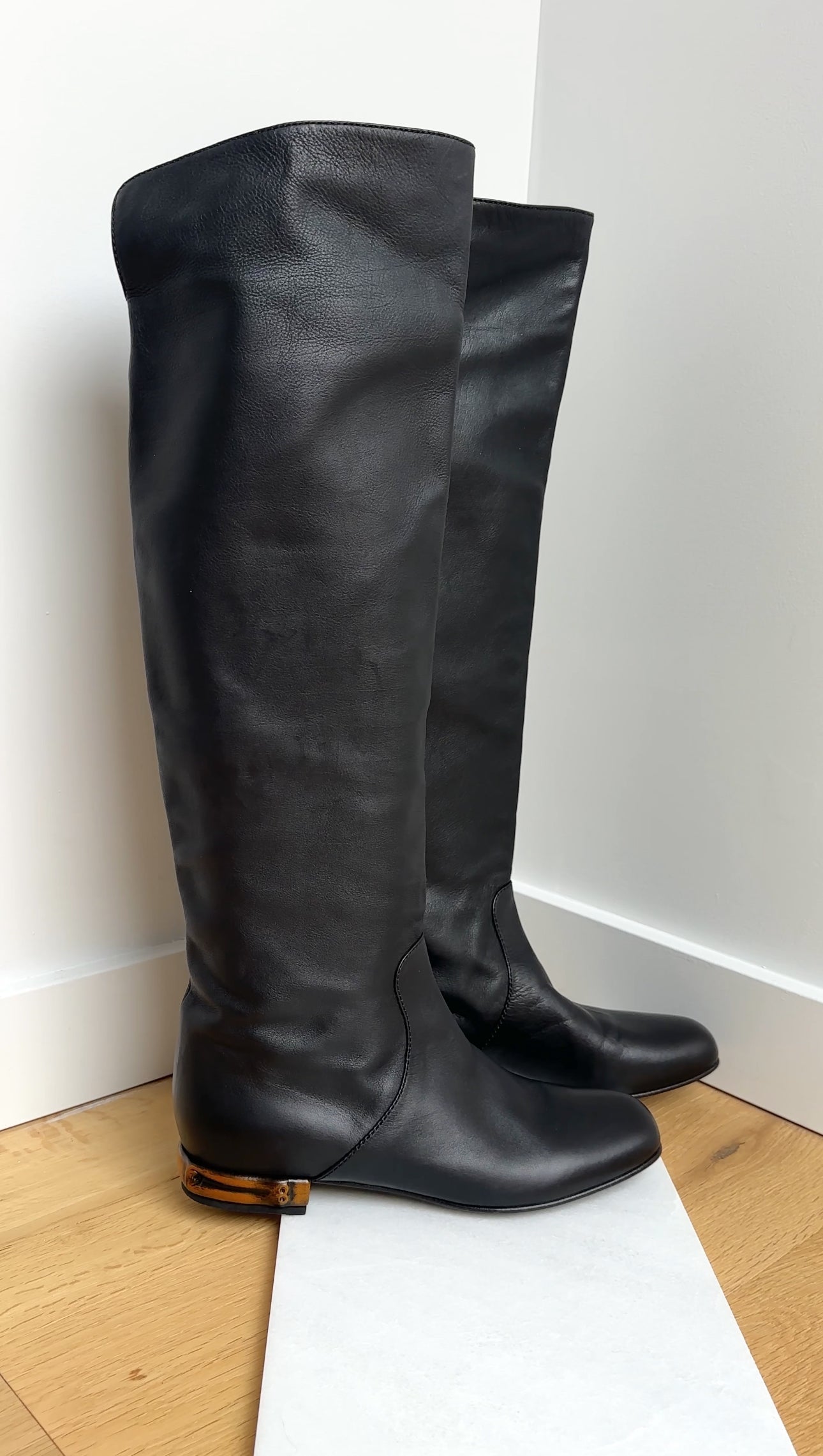 Gucci Black Leather Tall Boots with Bamboo Heel - 40