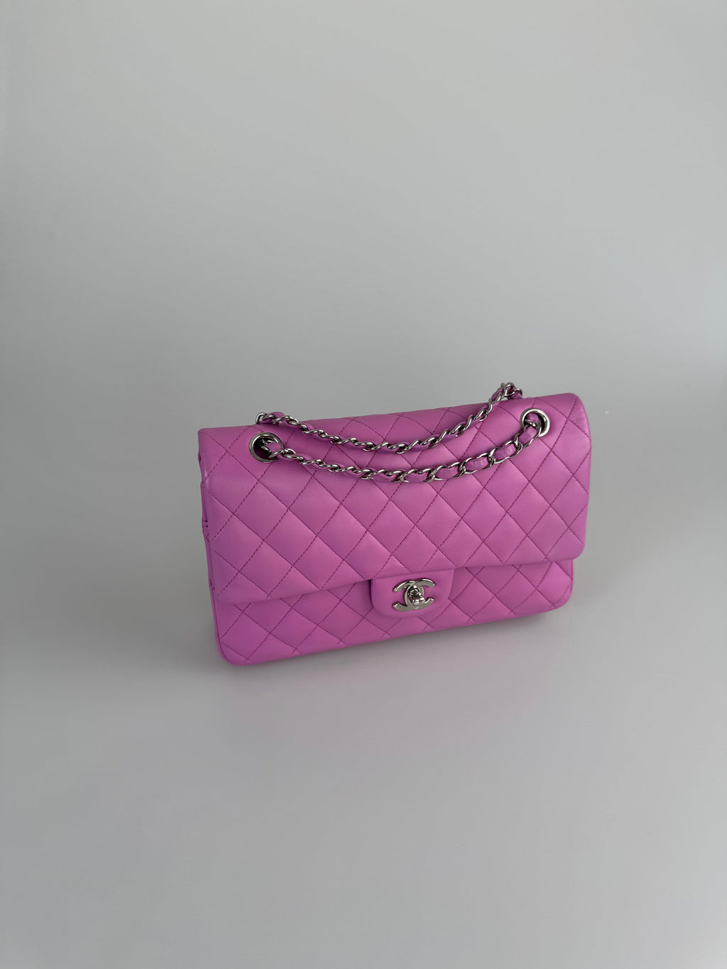 Chanel Medium Classic Double Flap Bag in Purple Leliac Lambskin Leather Silver Hardware