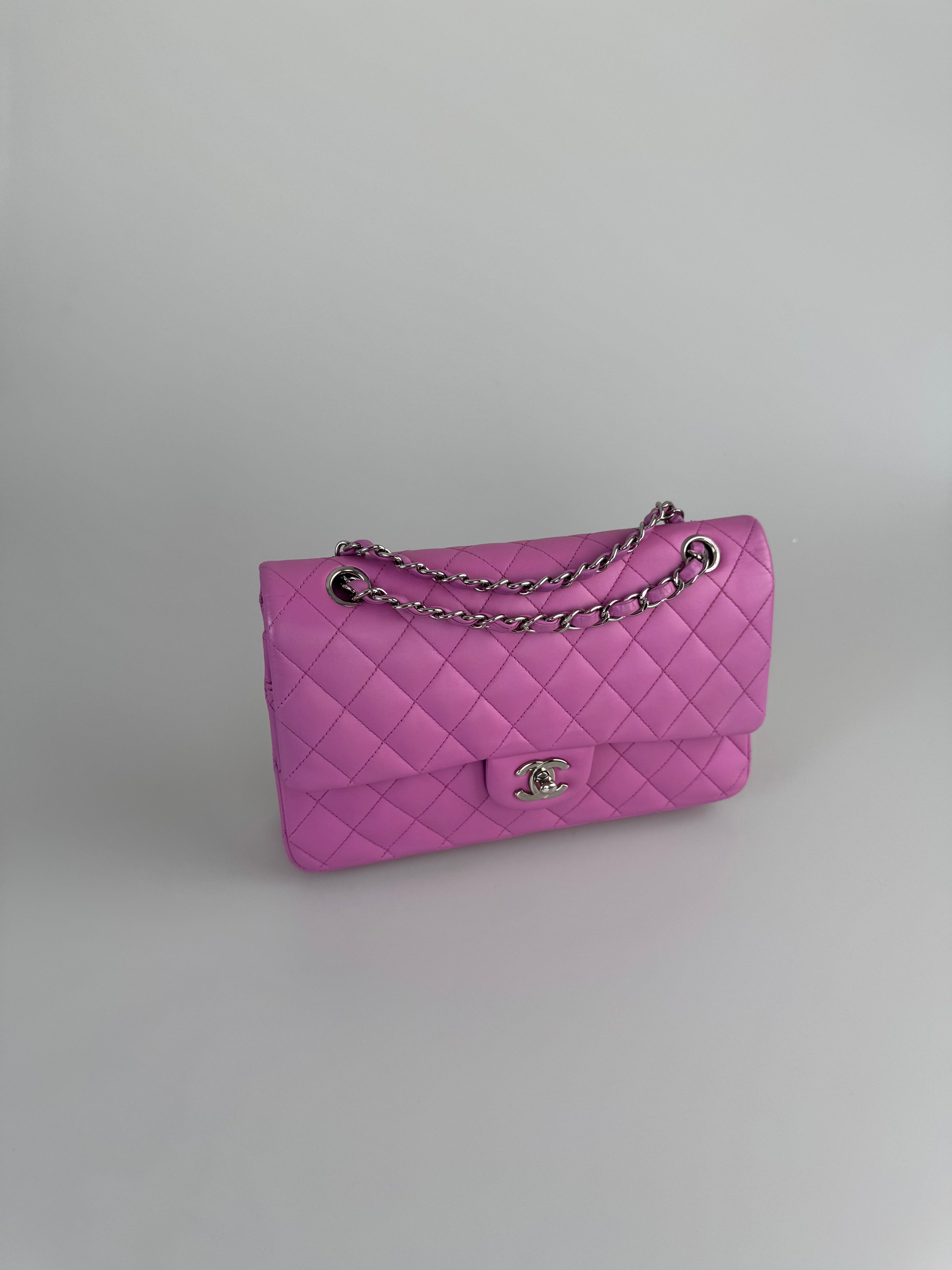 Chanel Medium Classic Double Flap Bag in Purple Leliac Lambskin Leather Silver Hardware