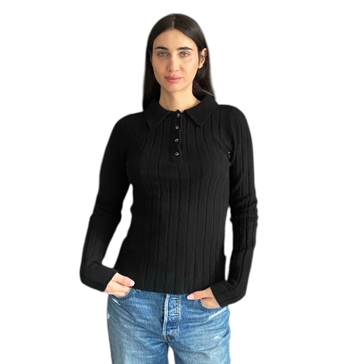 Khaite Black Cashmere Polo Top - M