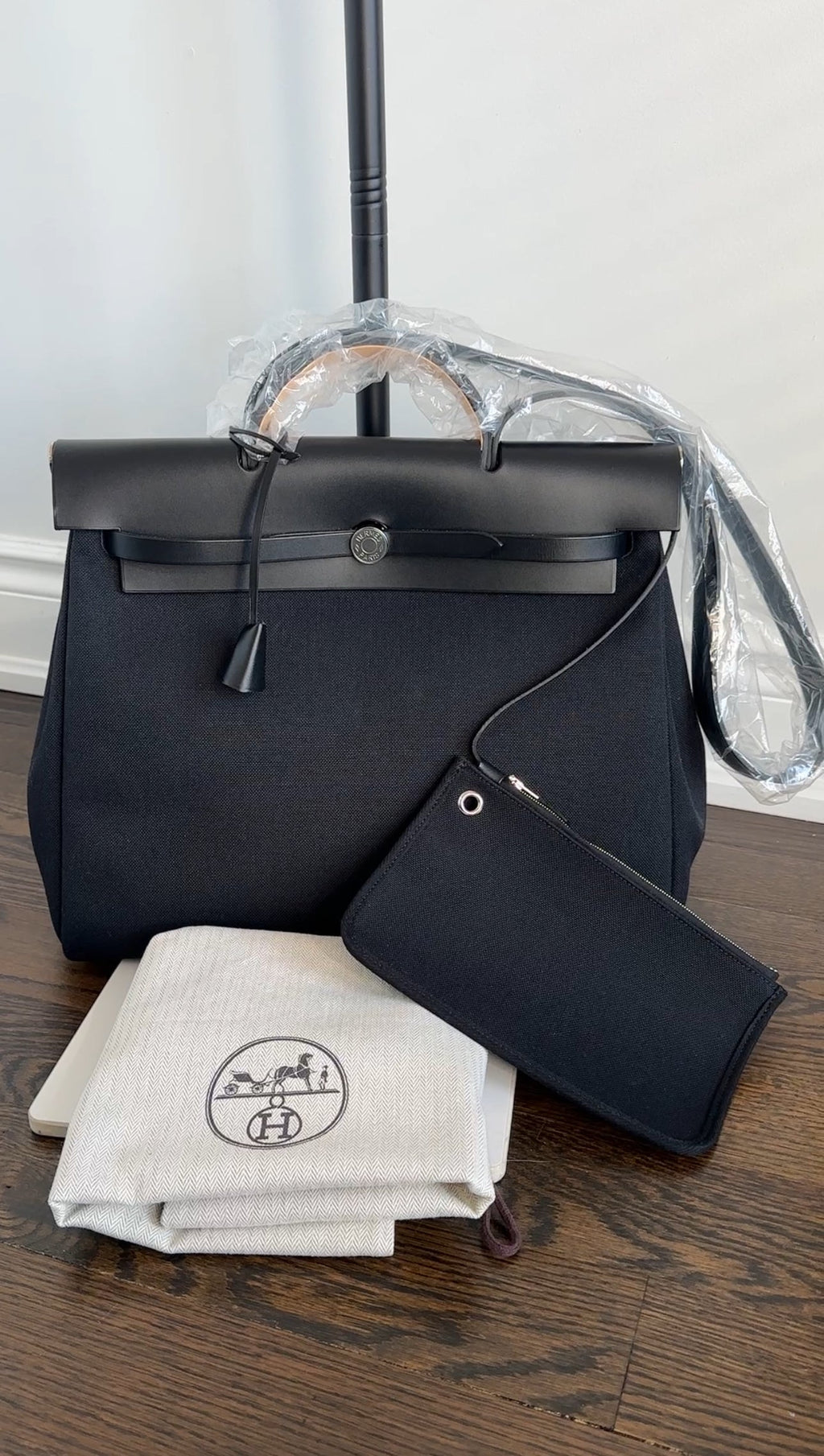 Hermes Black Leather and Toile Herbag Zip 39 Messenger Bag