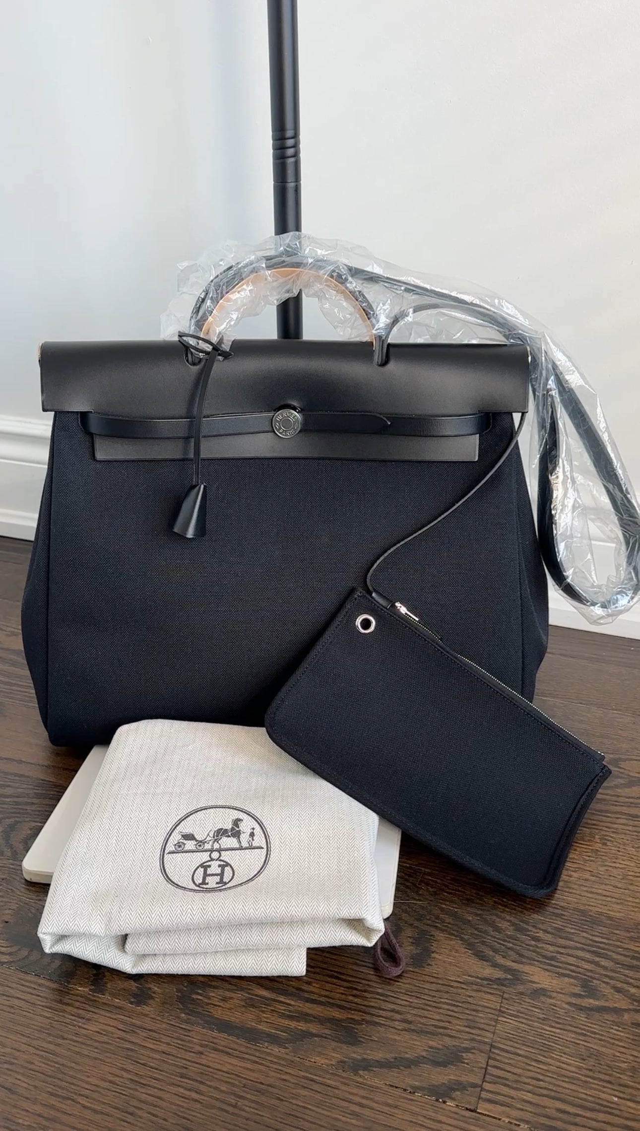 Hermes Black Leather and Toile Herbag Zip 39 Messenger Bag