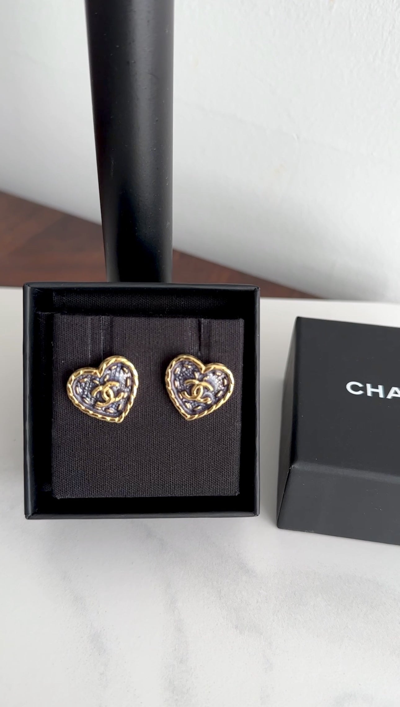 Chanel 24P Coco Navy Enamel Heart Earrings
