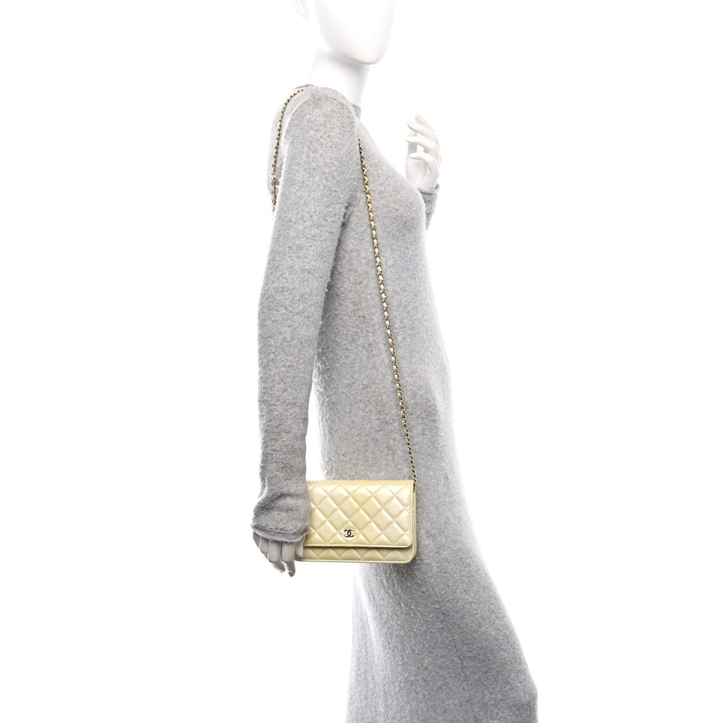 Iridescent Goatskin Quilted Wallet on Chain WOC Light Yellow