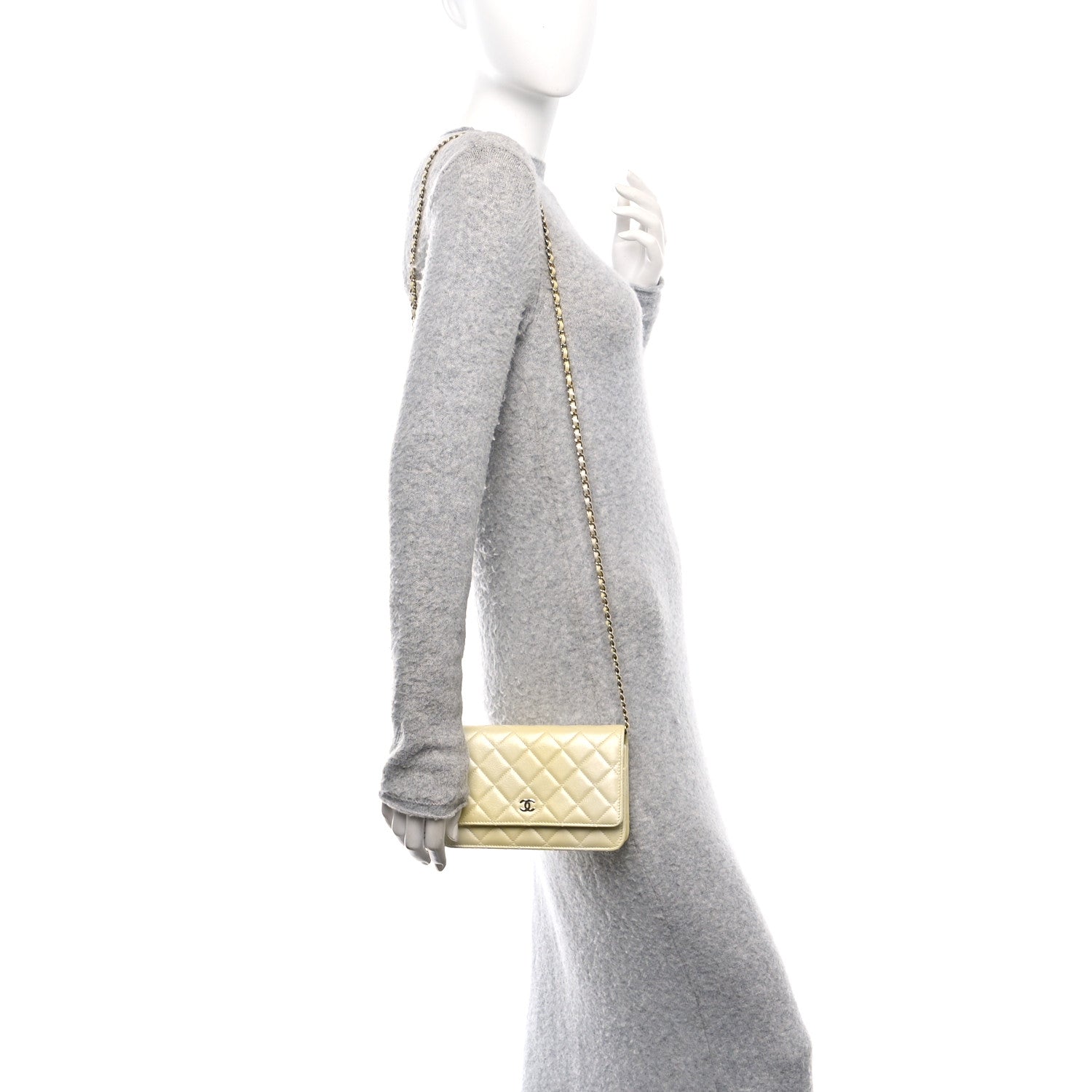 Iridescent Goatskin Quilted Wallet on Chain WOC Light Yellow