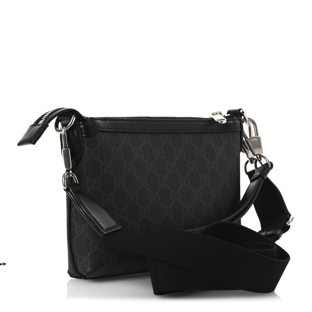 GG Supreme Monogram Azalea Calfskin Retro Interlocking G Wristlet Messenger Bag Black