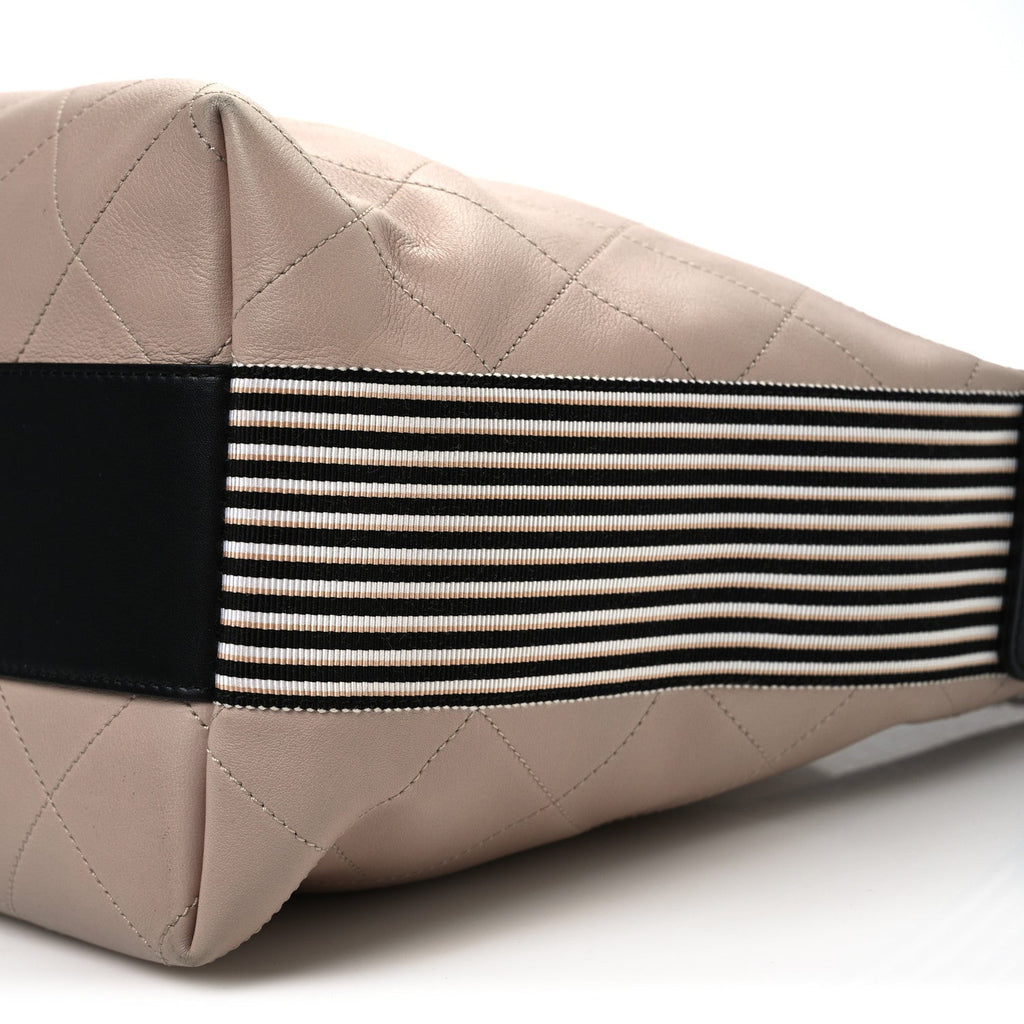 Calfskin Stitched Large Stripe Hobo Beige Black