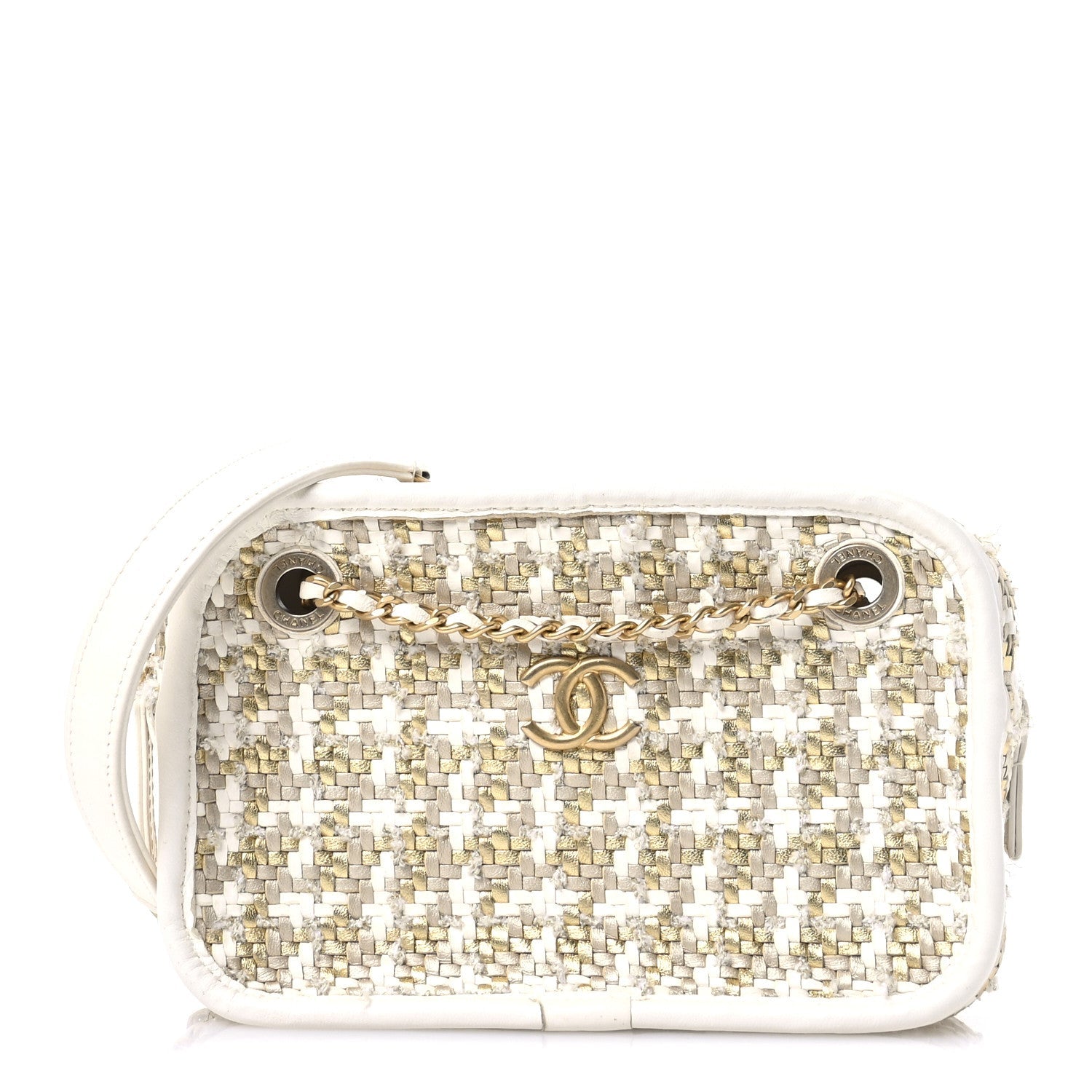 Metallic Lambskin Viscose Woven Small Camera Case White Gold