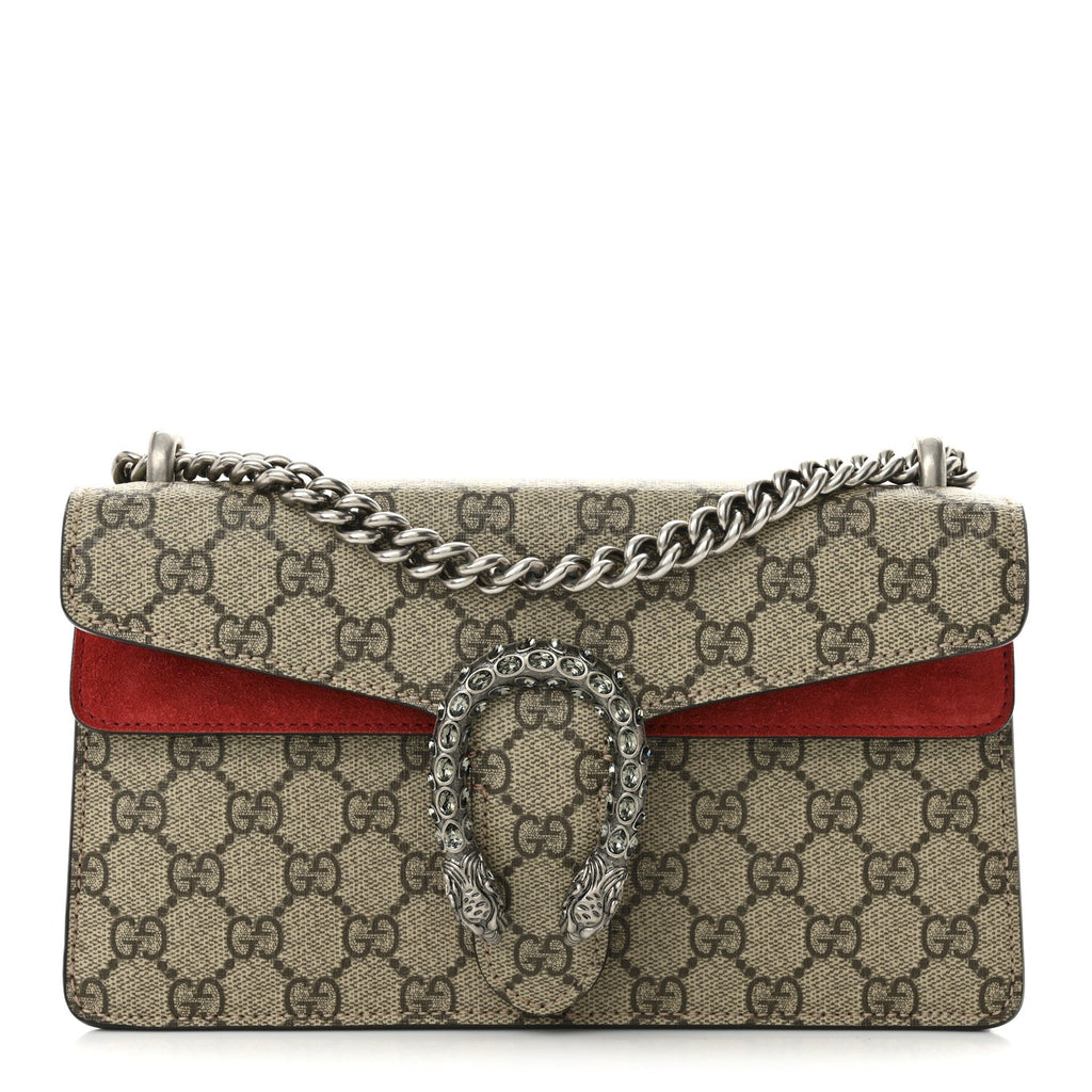 GG Supreme Monogram Suede Crystal Small Dionysus Shoulder Bag Beige Ebony Vulcanic Red