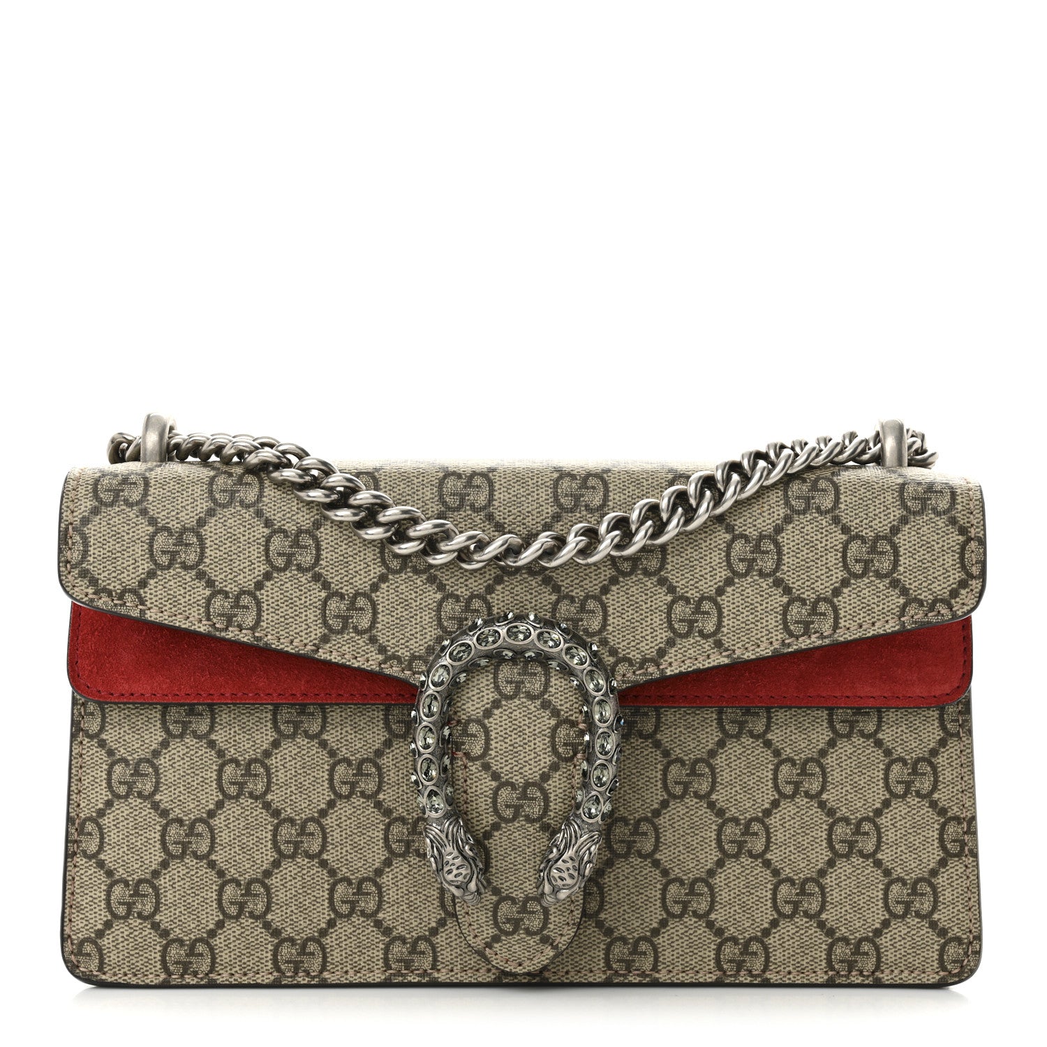 GG Supreme Monogram Suede Crystal Small Dionysus Shoulder Bag Beige Ebony Vulcanic Red