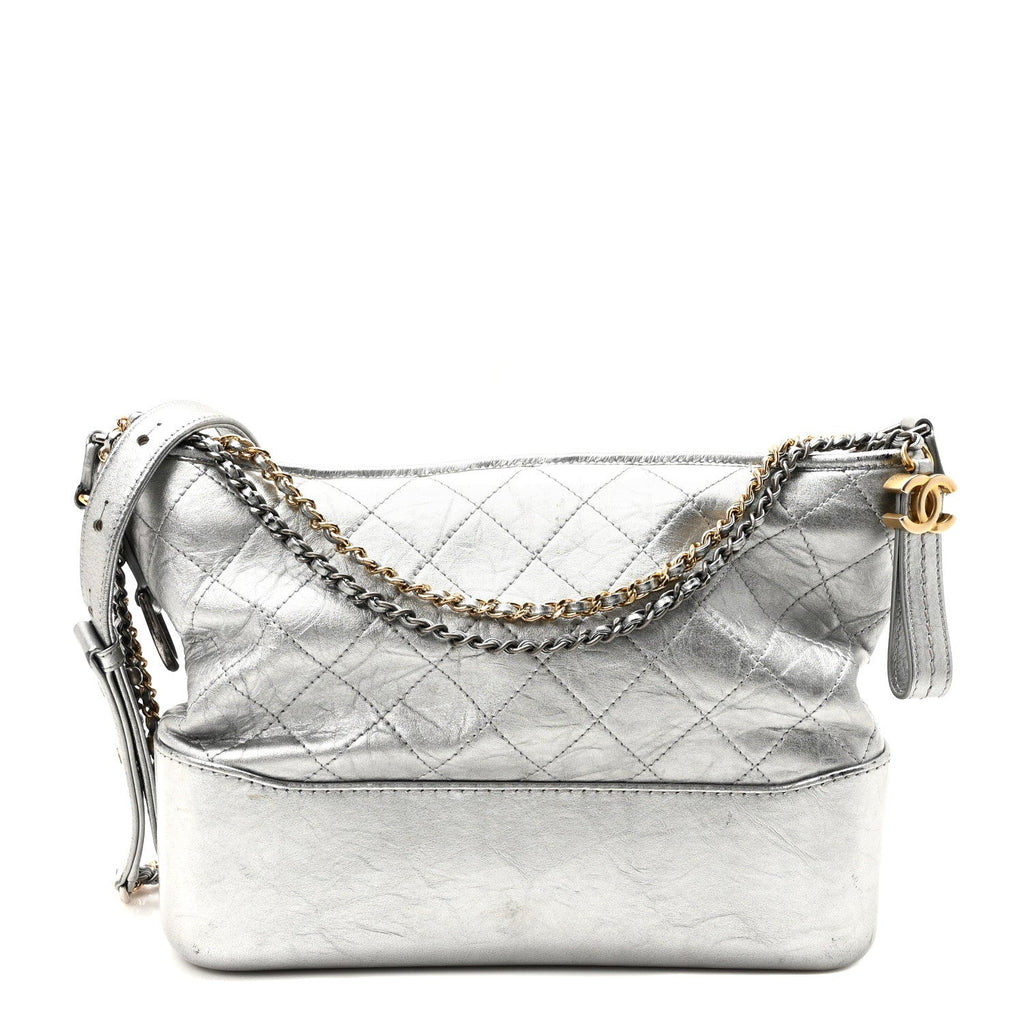 Metallic Lambskin Calfskin Quilted Medium Gabrielle Hobo  Silver