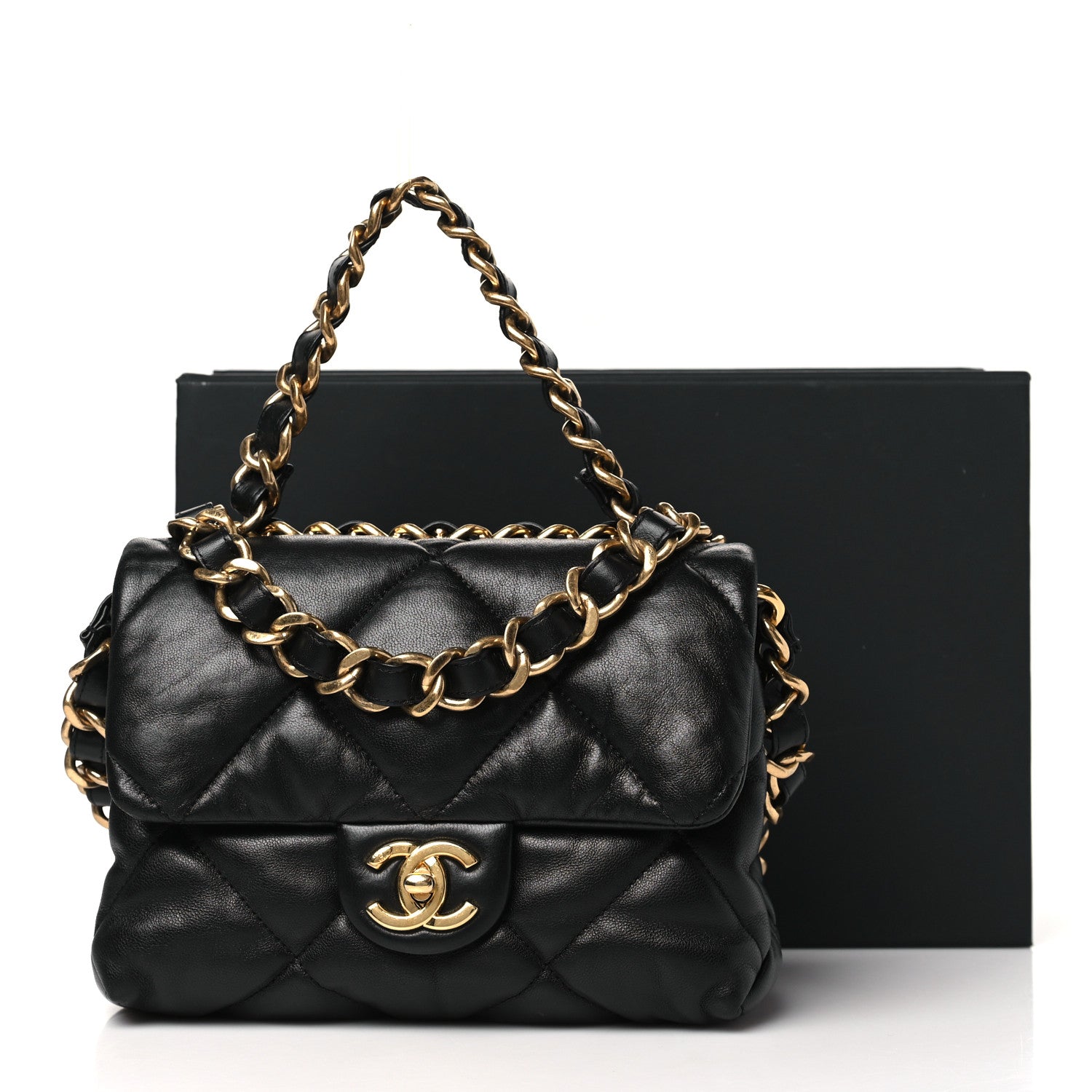 Lambskin Quilted Small Chain Top Handle Flap Black
