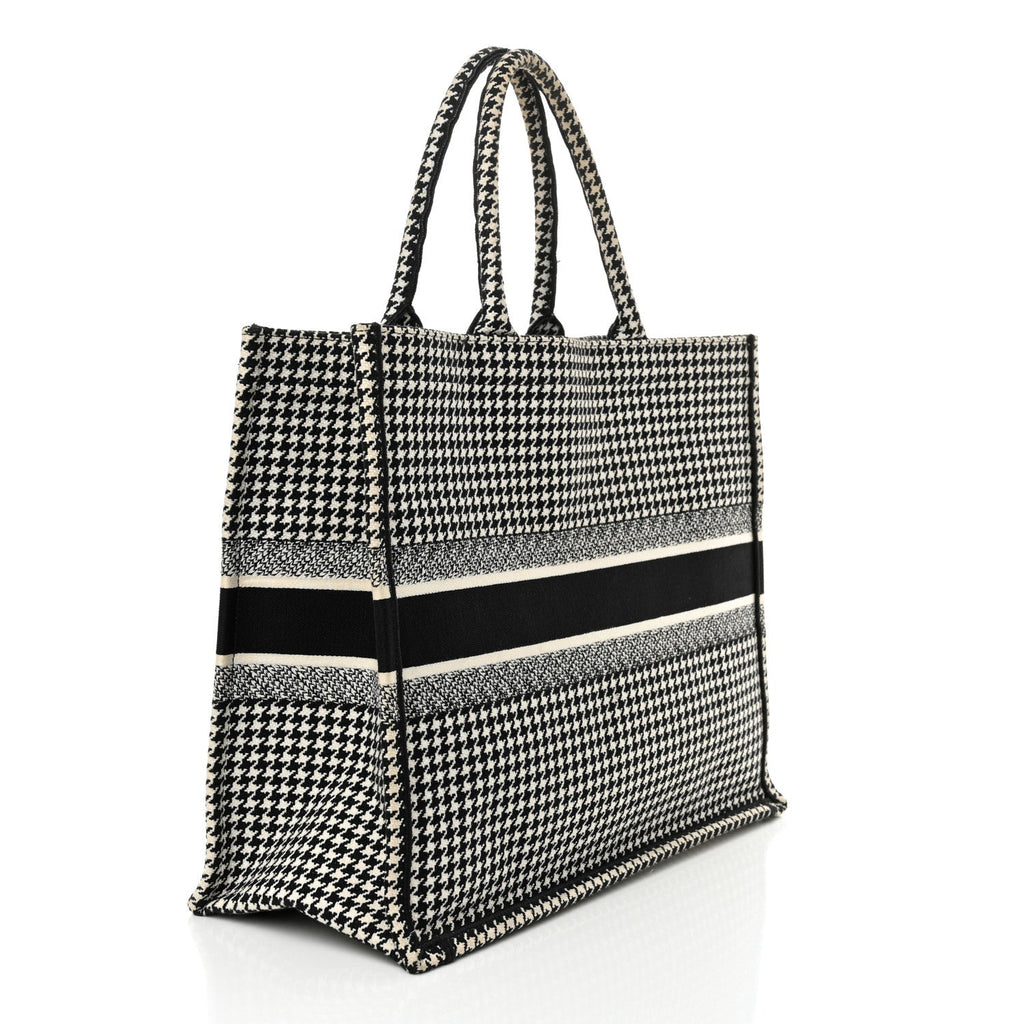 Canvas Houndstooth Embroidered Large Book Tote Black White