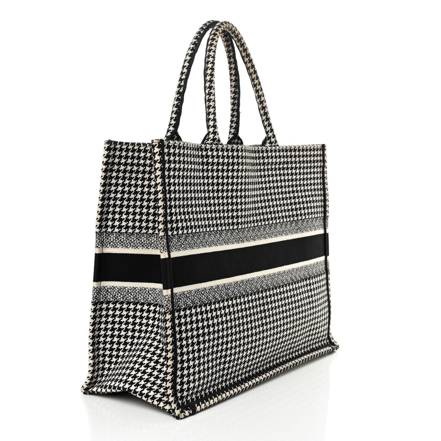 Canvas Houndstooth Embroidered Large Book Tote Black White