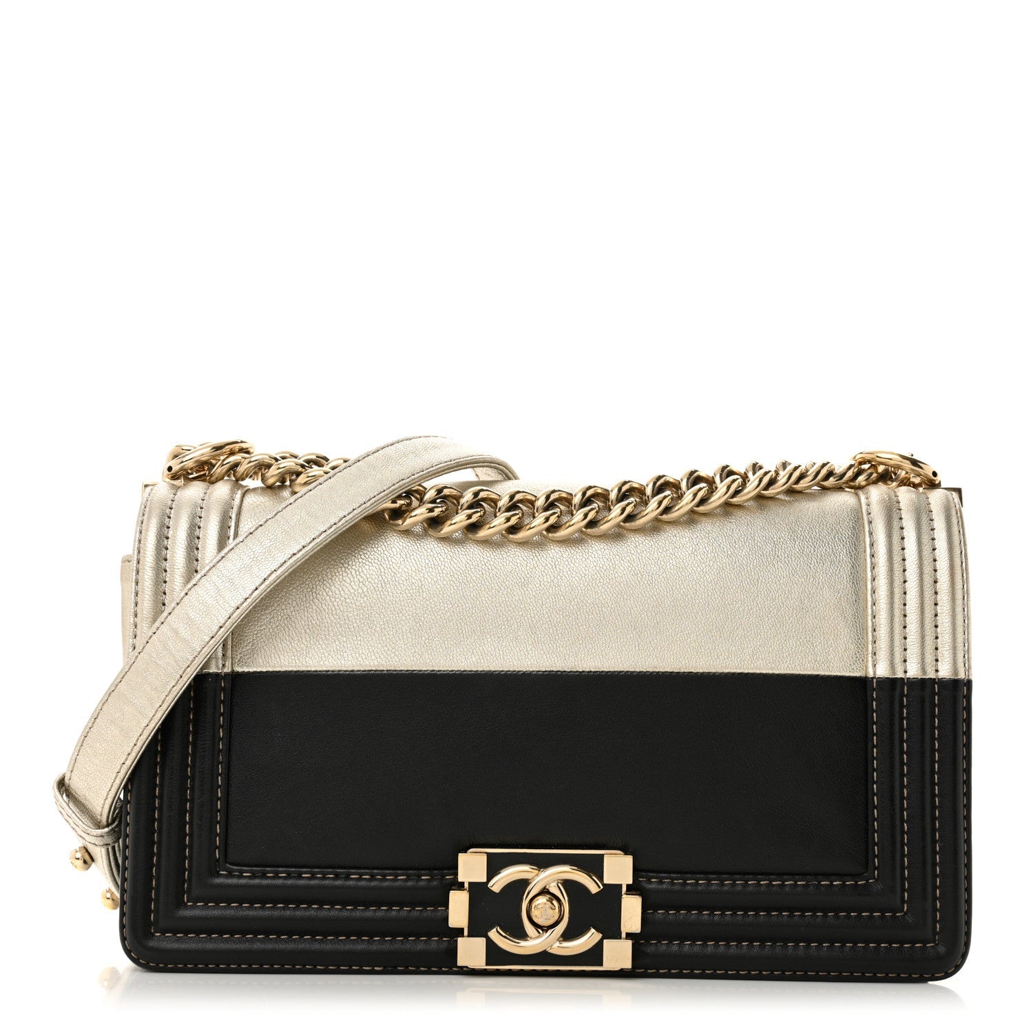 Metallic Goatskin Calfskin Medium Boy Flap Gold Black