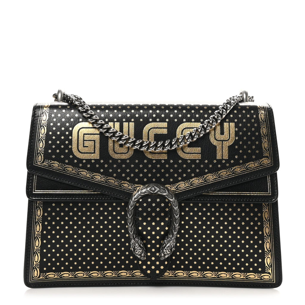 X SEGA Calfskin GUCCY Stars Medium Dionysus Shoulder Bag Black Gold