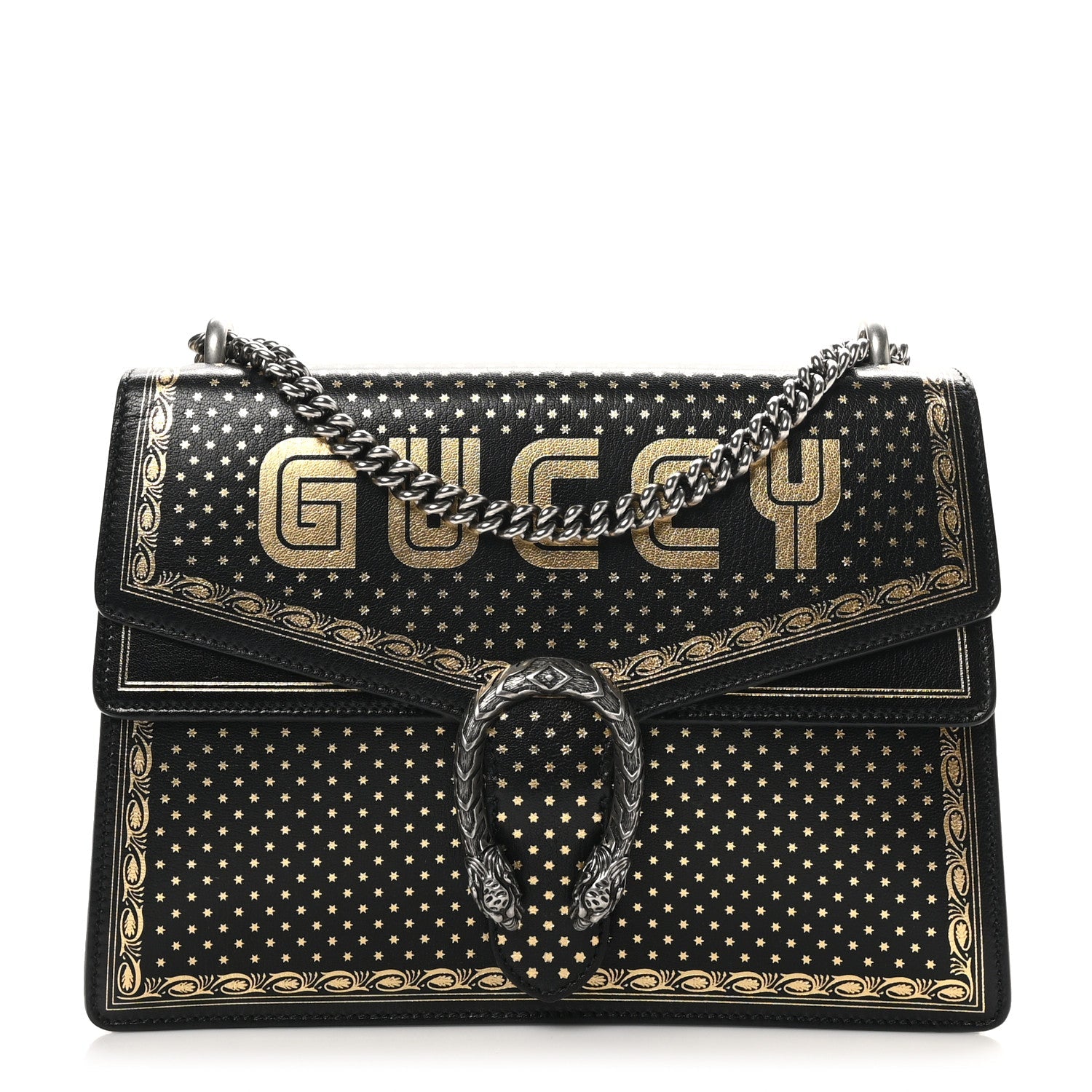 X SEGA Calfskin GUCCY Stars Medium Dionysus Shoulder Bag Black Gold