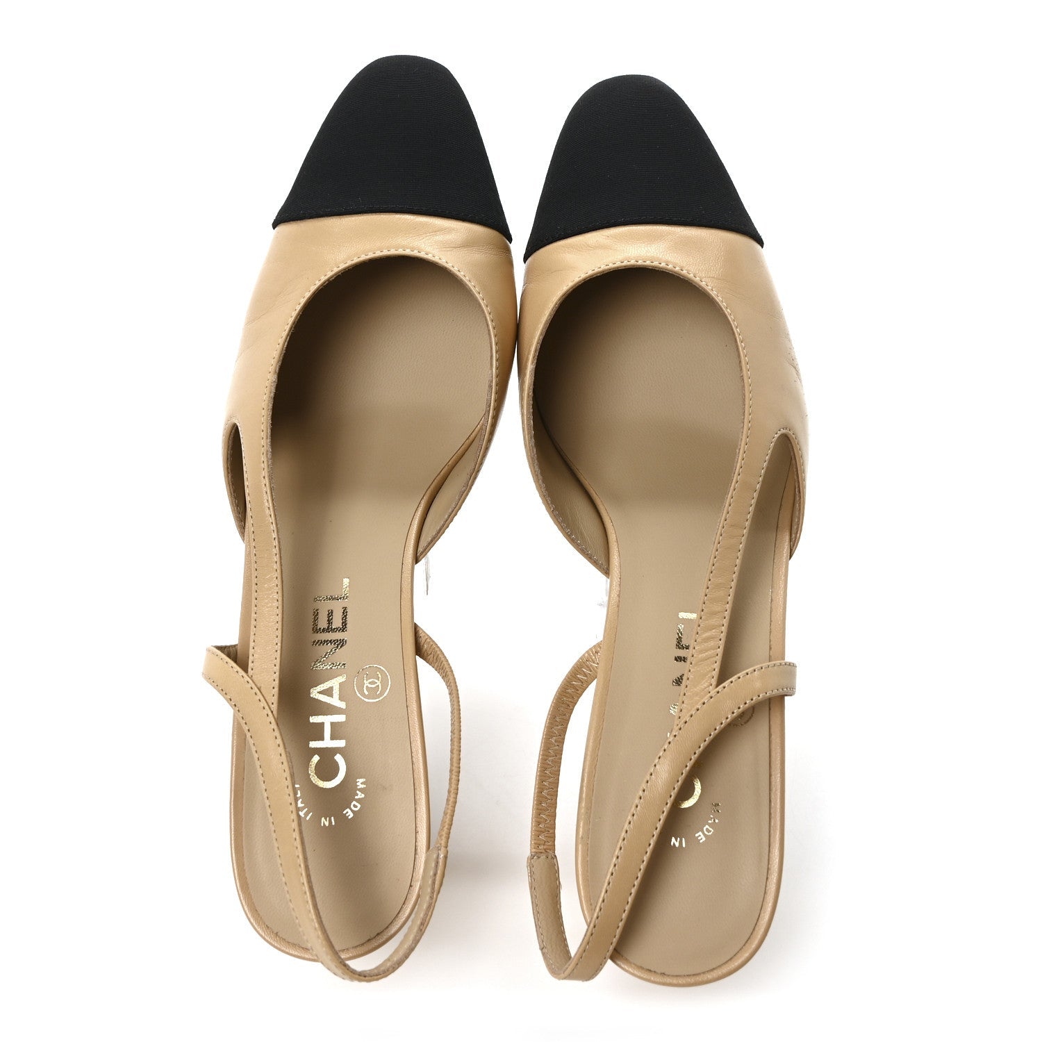 Goatskin Grosgrain Cap Toe CC Slingback Pumps 37 Beige Black