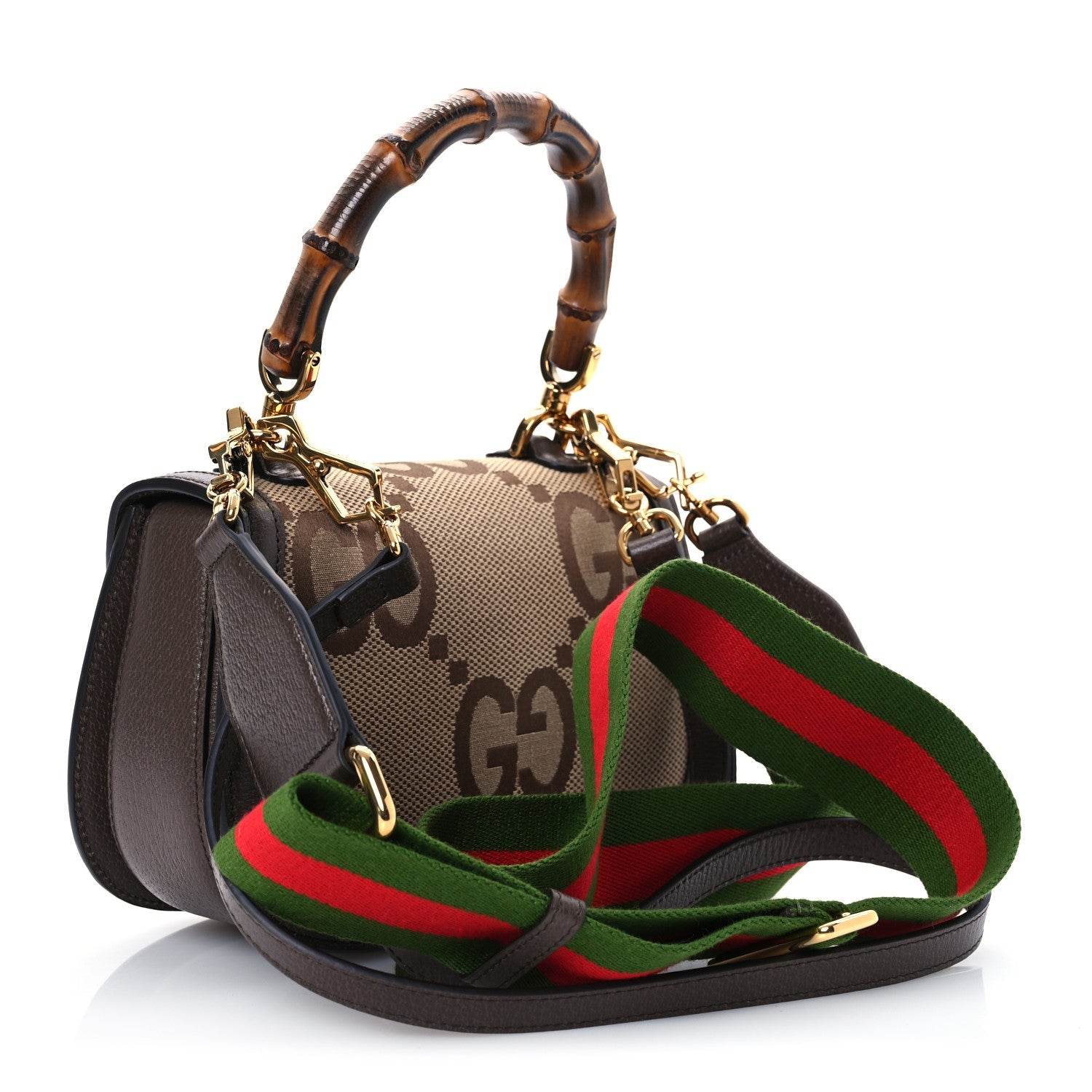 Monogram Jumbo GG Textured Dollar Calfskin Web Small Bamboo 1947 Top Handle Bag Camel Ebony New Acero