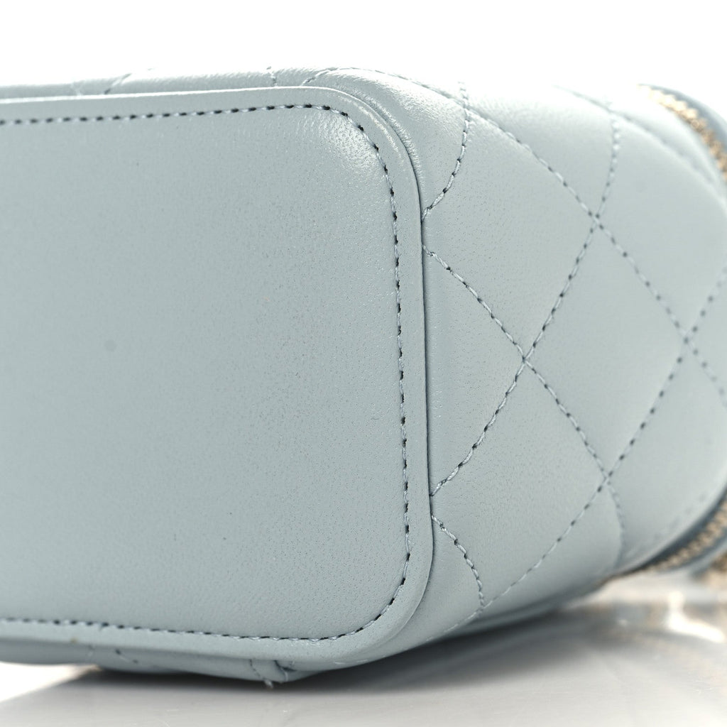 Lambskin Quilted Top Handle Mini Vanity Case With Chain Light Blue